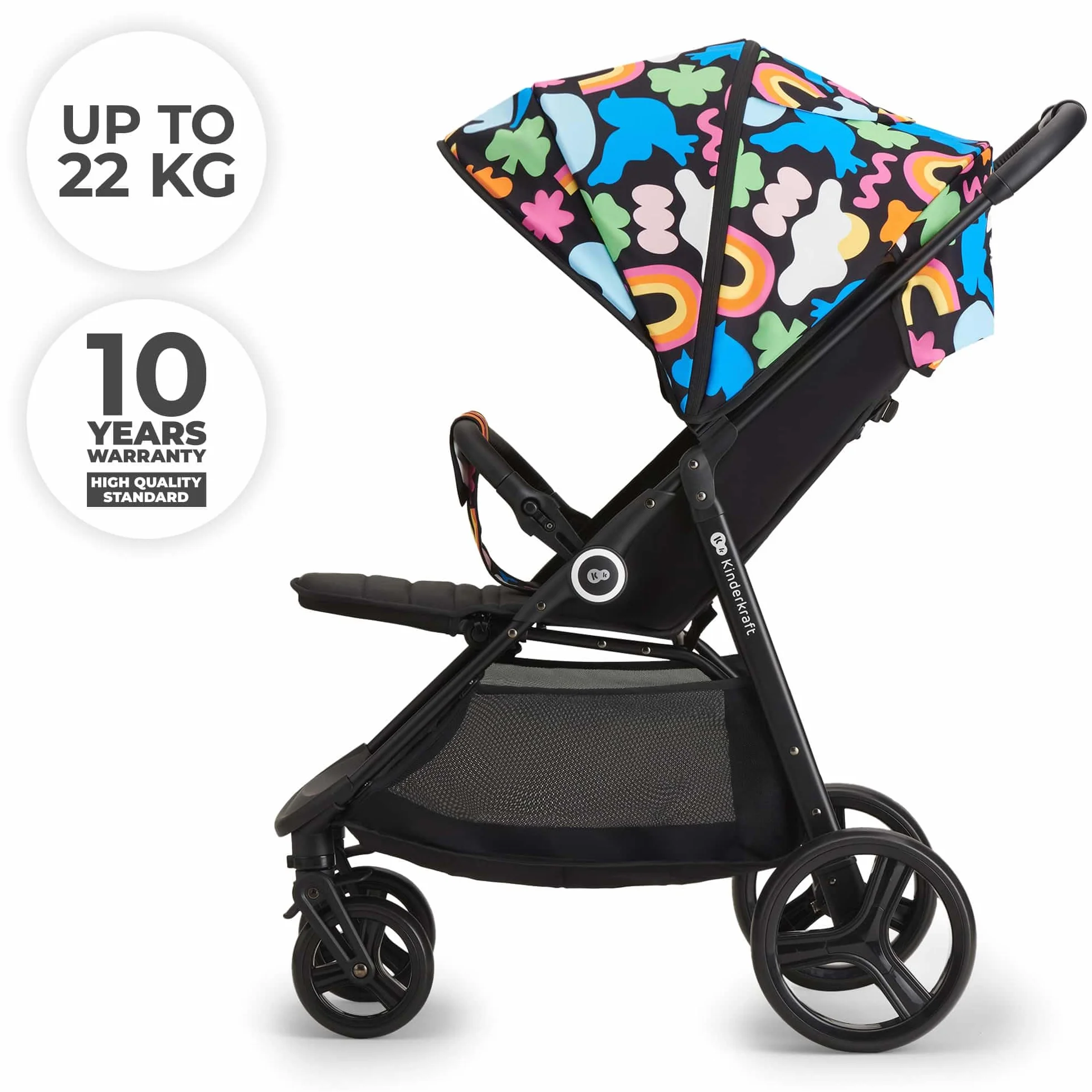 Kinderkraft GRANDE PLUS Wózek laskowy od urodzenia do 22 kg, składane jedną ręką, wydłużona pozycja, wysuwany kaptur, 4 amortyzowane koła, Happy Shapes