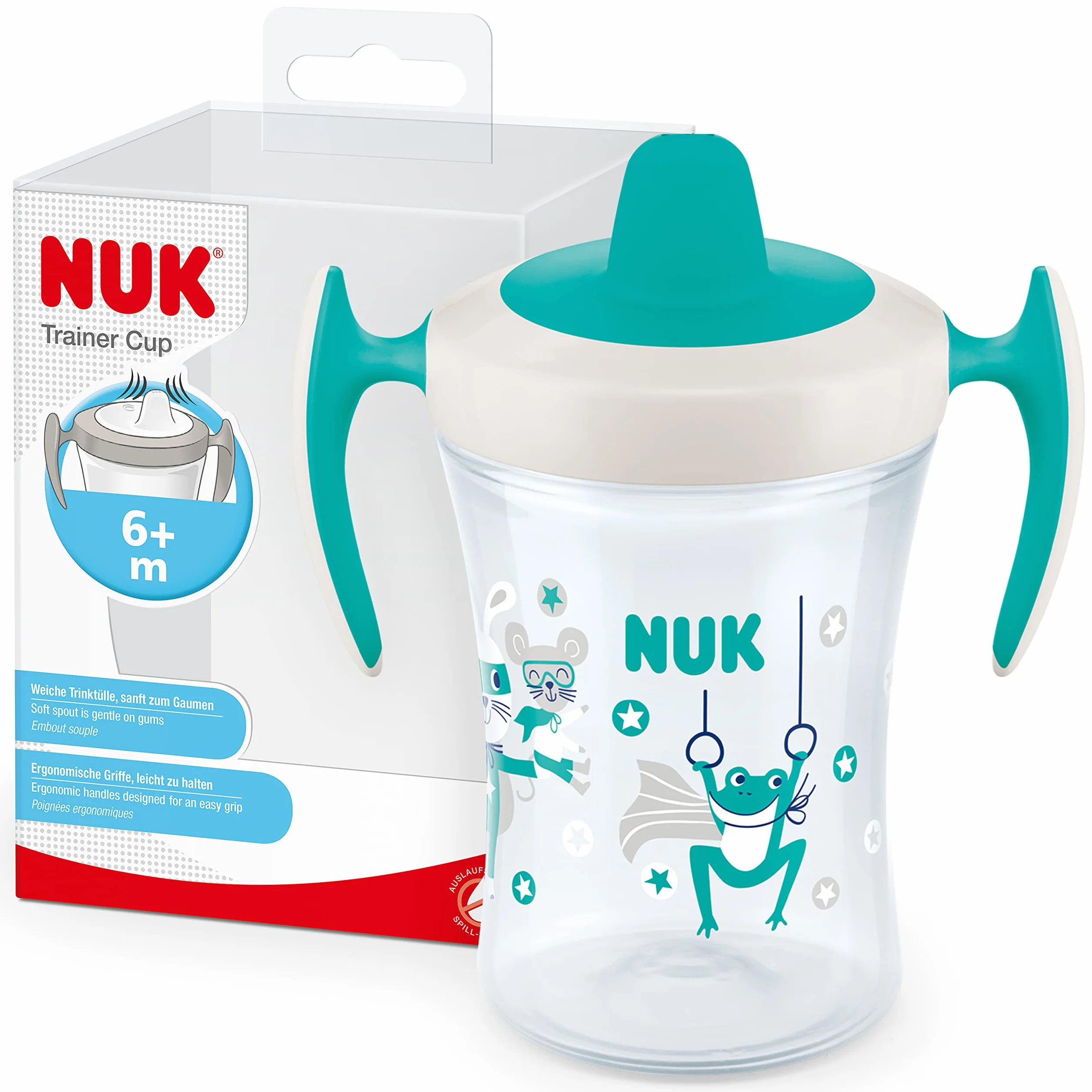 Kubek niekapek NUK Trainer Cup | Niekapiący ustnik z miękkiego materiału | Od 6 miesiąca | Nie zawiera BPA | 230 ml | Żabka (zielona)