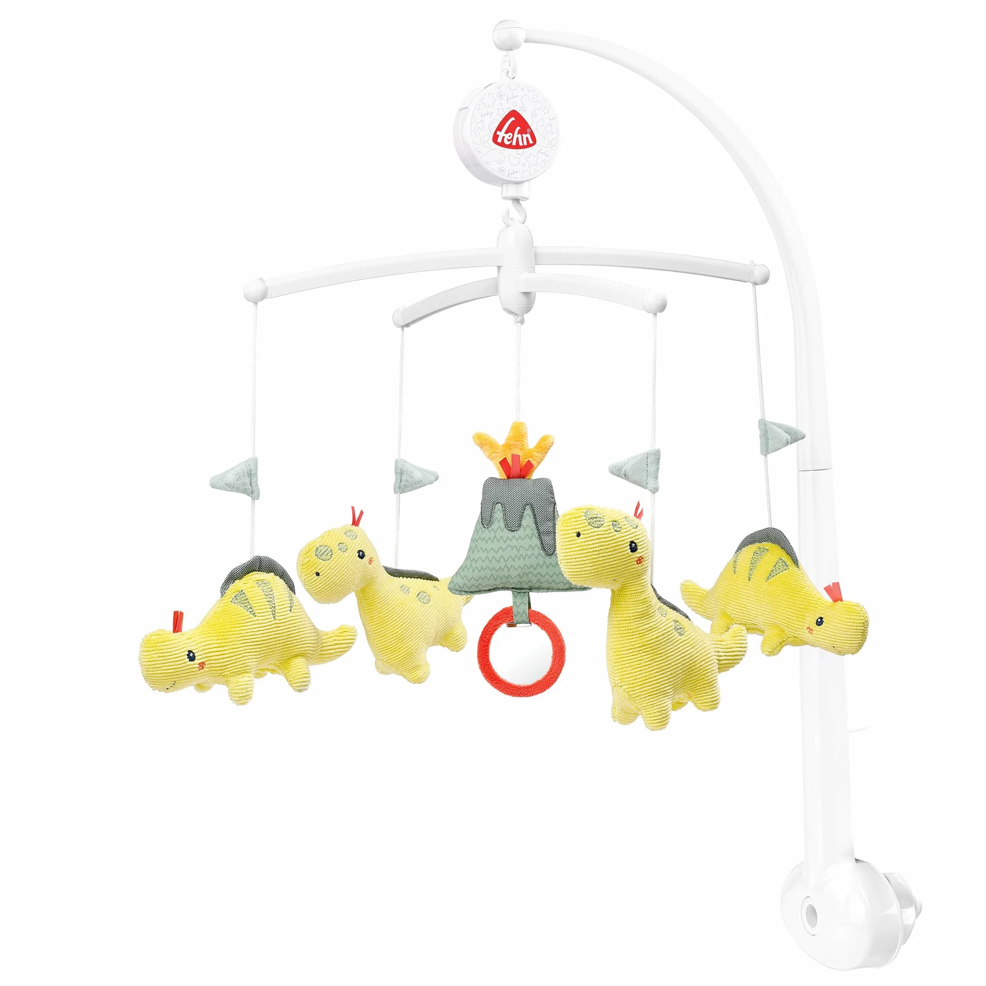 Fehn Musik-Mobile Happy Dino Aufzieh-Mobile mit Spieluhr-Melodie Brahms Wiegenlied und Figuren zur Beruhigung & Beschäftigung mit Bett-Befestigung für Babys von 0-5 Monaten