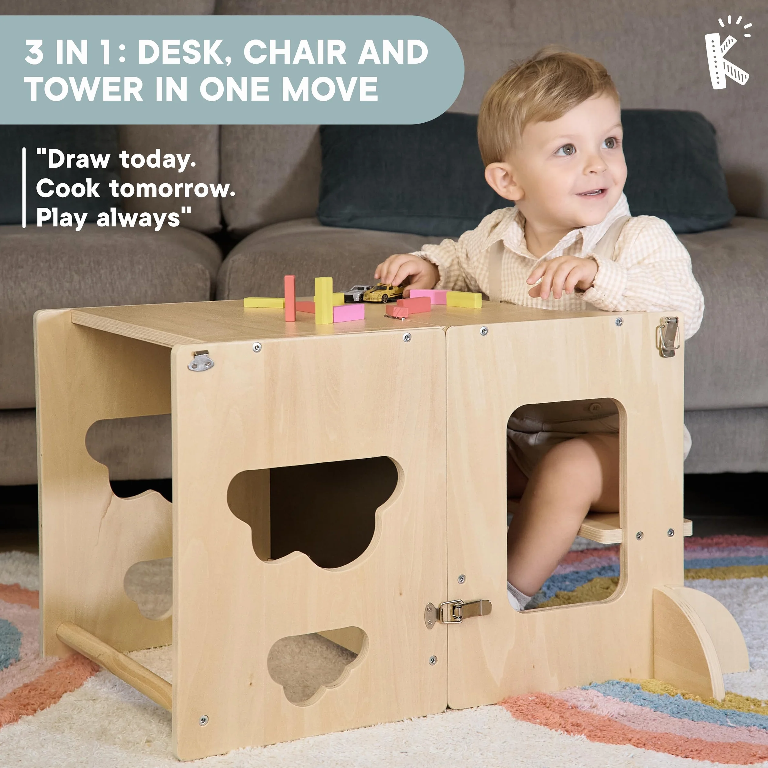 Wieża Montessori składana – krzesełko kuchenne dla dzieci 3 w 1 Premium: składana wieża edukacyjna, przekształcana w biurko z tablicą, drewno FSC, firma zrównoważona wspierająca zalesianie