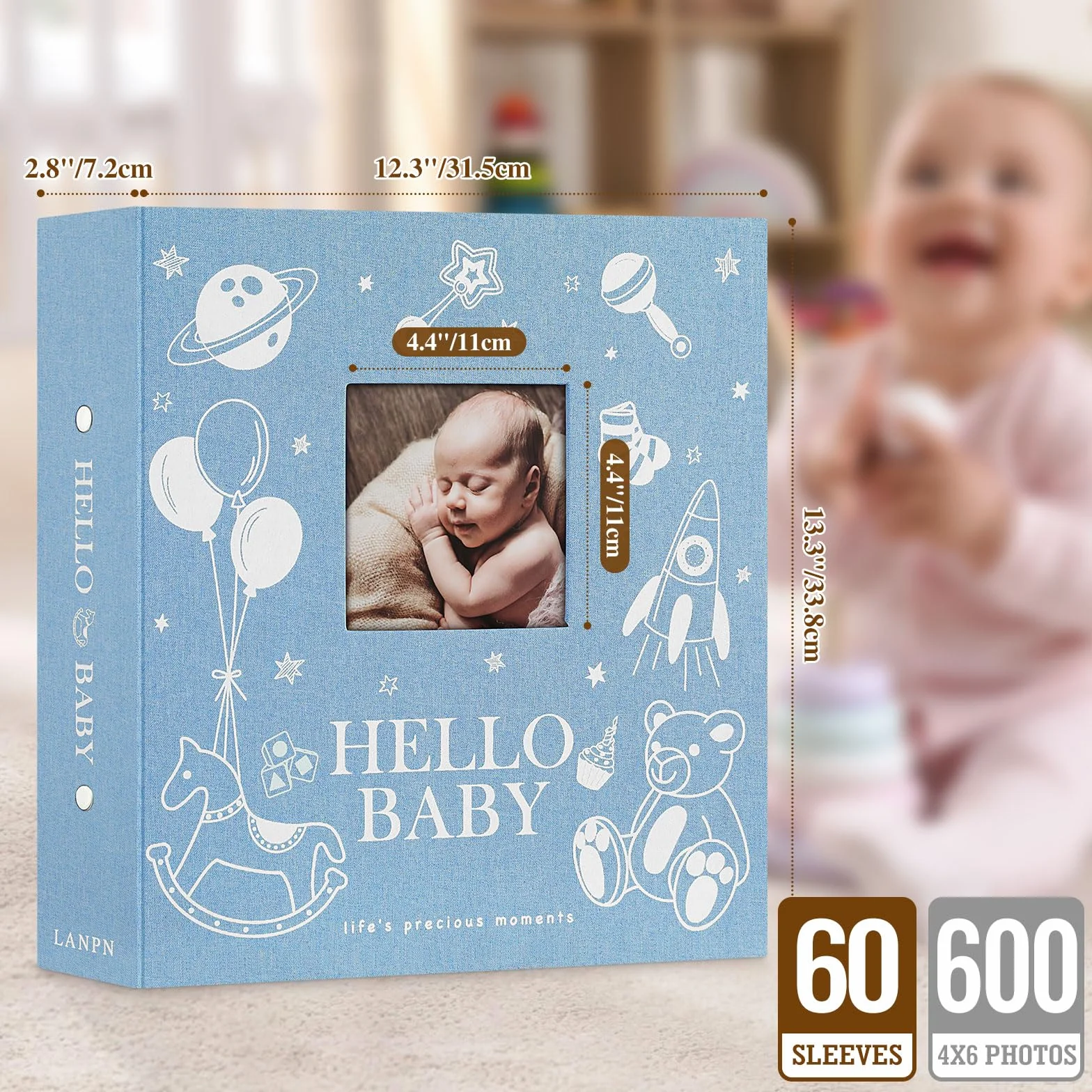 Lanpn Album na Zdjęcia Dziecka 10x15 600 Kieszeni, Fotoksiążka o Dużej Pojemności w Lnianej Okładce, Album dla Noworodka Bebe Mieści 600 Zdjęć w Poziomie i Pionie Niebieski