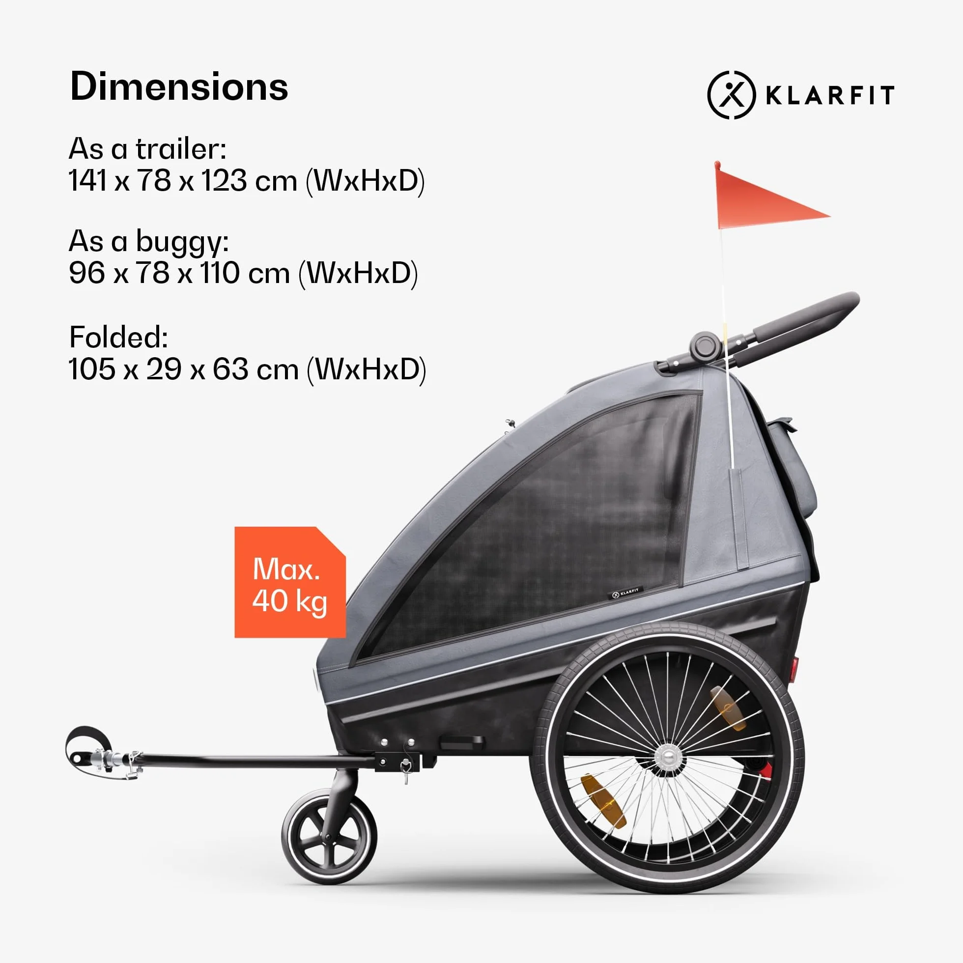 Klarfit przyczepa rowerowa dla 2 dzieci, regulowana wysokość siedziska 68 cm, pas na ramionach i kroku, wózek transportowy, wbudowane hamulce, do rowerów od 20 do 29