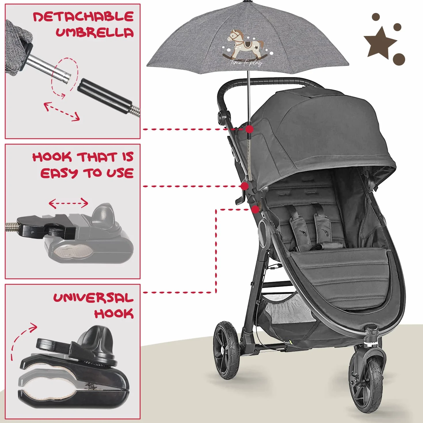 PERLETTI Uniwersalna Parasolka Przeciwsłoneczna do Wózka Anti-UV 50+ - Parasol Słońce Deszcz dla Niemowląt Dzieci - Mini Parasolka Ręczna do Wózka Dziecięcego Szara - Średnica 68 cm (Koń na Biegunach)
