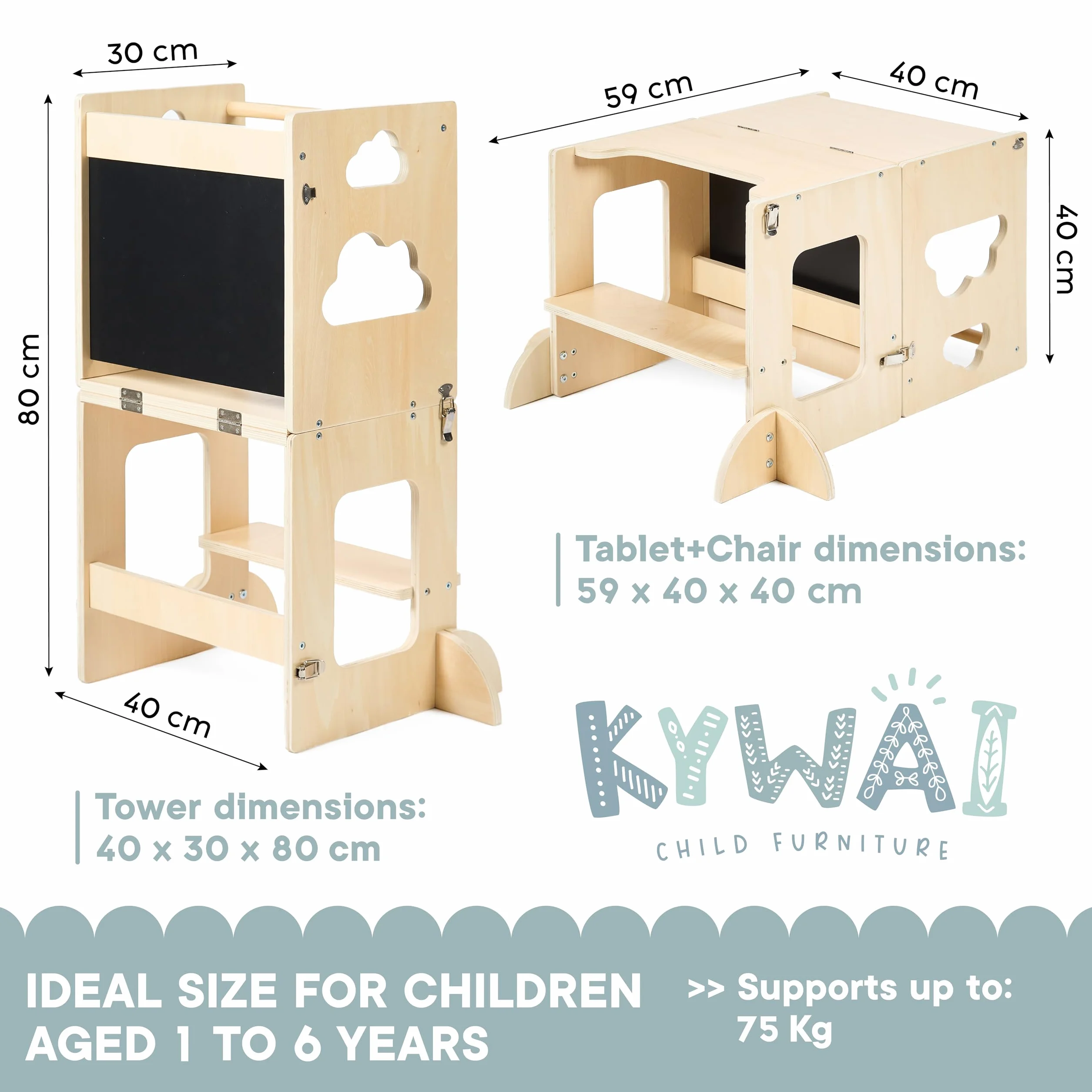 Wieża Montessori składana – krzesełko kuchenne dla dzieci 3 w 1 Premium: składana wieża edukacyjna, przekształcana w biurko z tablicą, drewno FSC, firma zrównoważona wspierająca zalesianie
