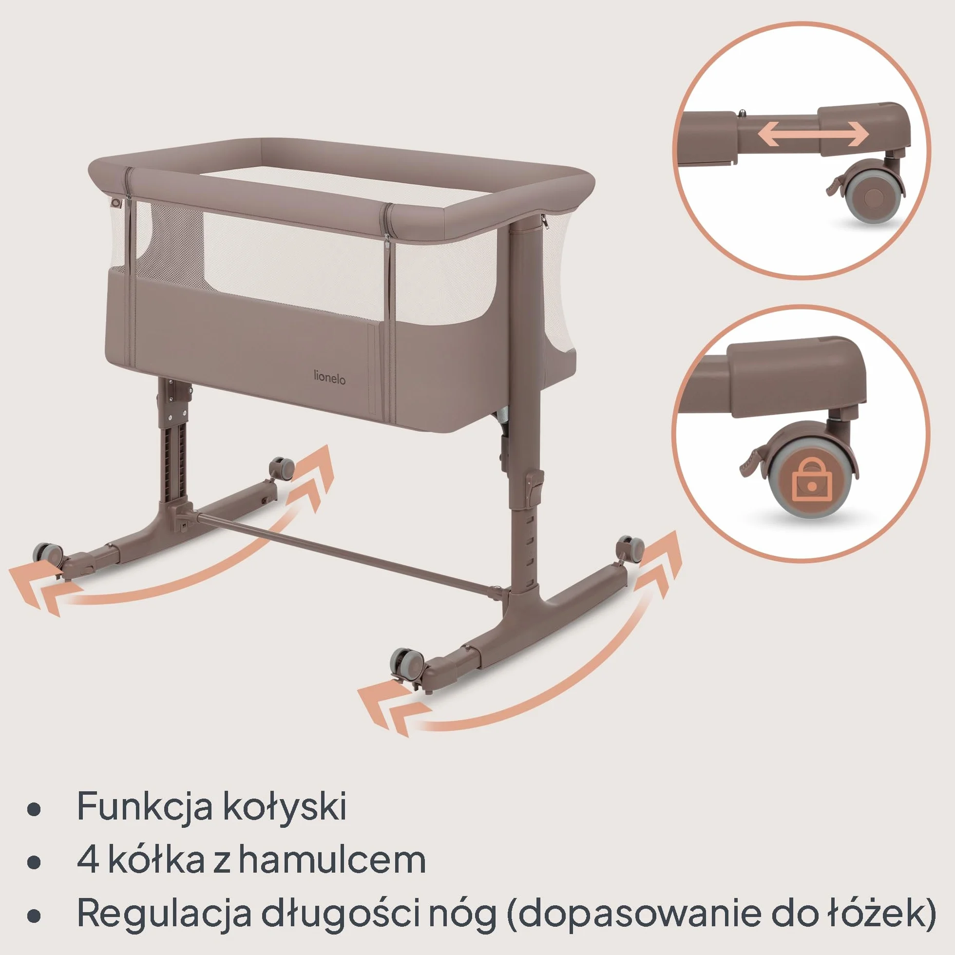 LIONELO Aurora 3 w 1 Łóżeczko Dziecięce do 9 kg Łóżko Dostawne Kołyska Regulacja Wysokości Kąta Nachylenia Materaca 4 Kółka z Hamulcem Torba (Szary)