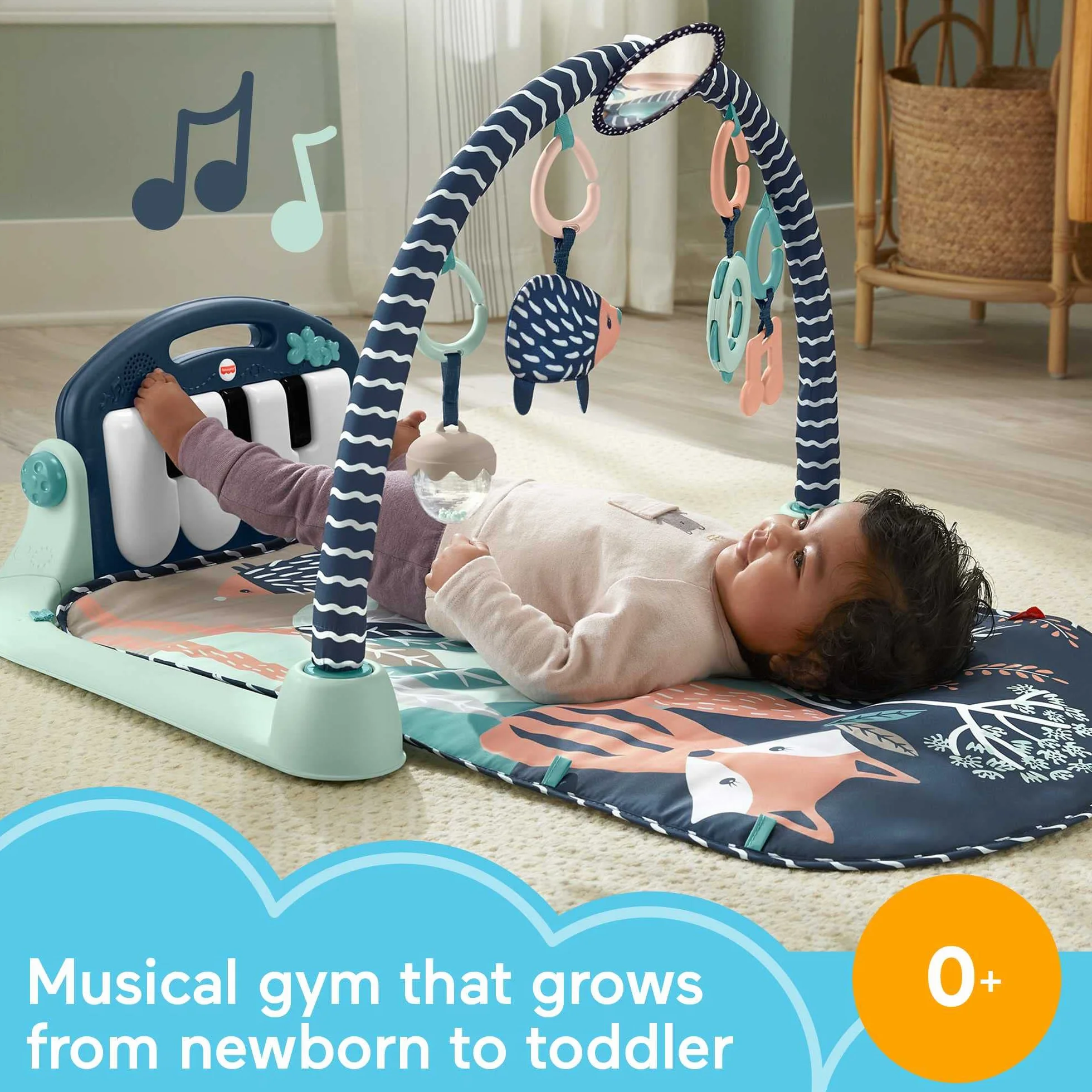 Fisher-Price Mata edukacyjna z pianinkiem, zabawa muzyczna na brzuszku i na siedząco, dla noworodków i niemowlaków, jelonek, jeż, lis HKX37