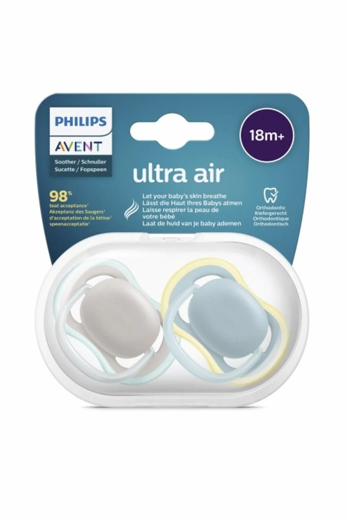 Smoczek Ultra Air Philips Avent, dla dzieci powyżej 18 miesiąca życia, sztywny smoczek, ortodontyczny i bez bisfenolu A, 2 szt., w zestawie sterylizator/torba do przenoszenia, SCF349/01