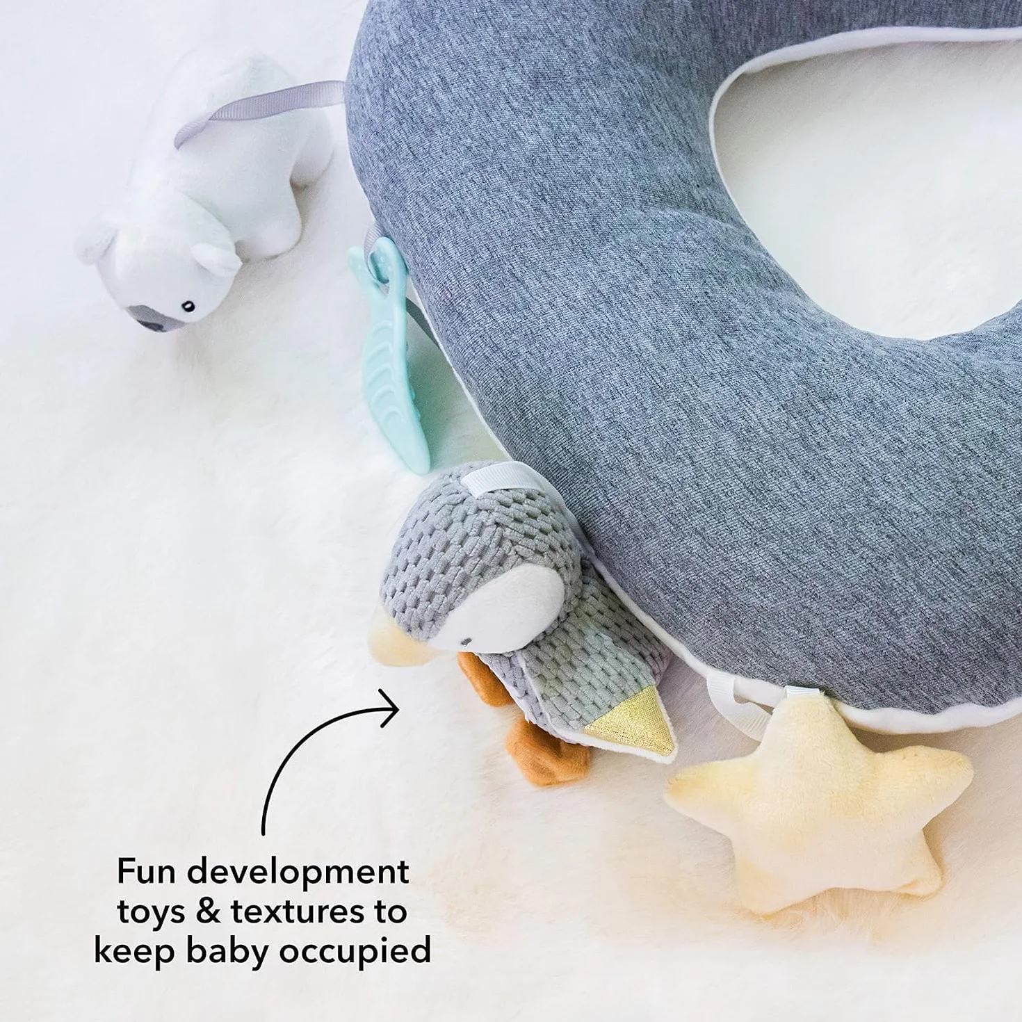 Nuby Petit Pinguin Tummy Time - interaktywna poduszka dla niemowląt, szara, odpowiednia od urodzenia
