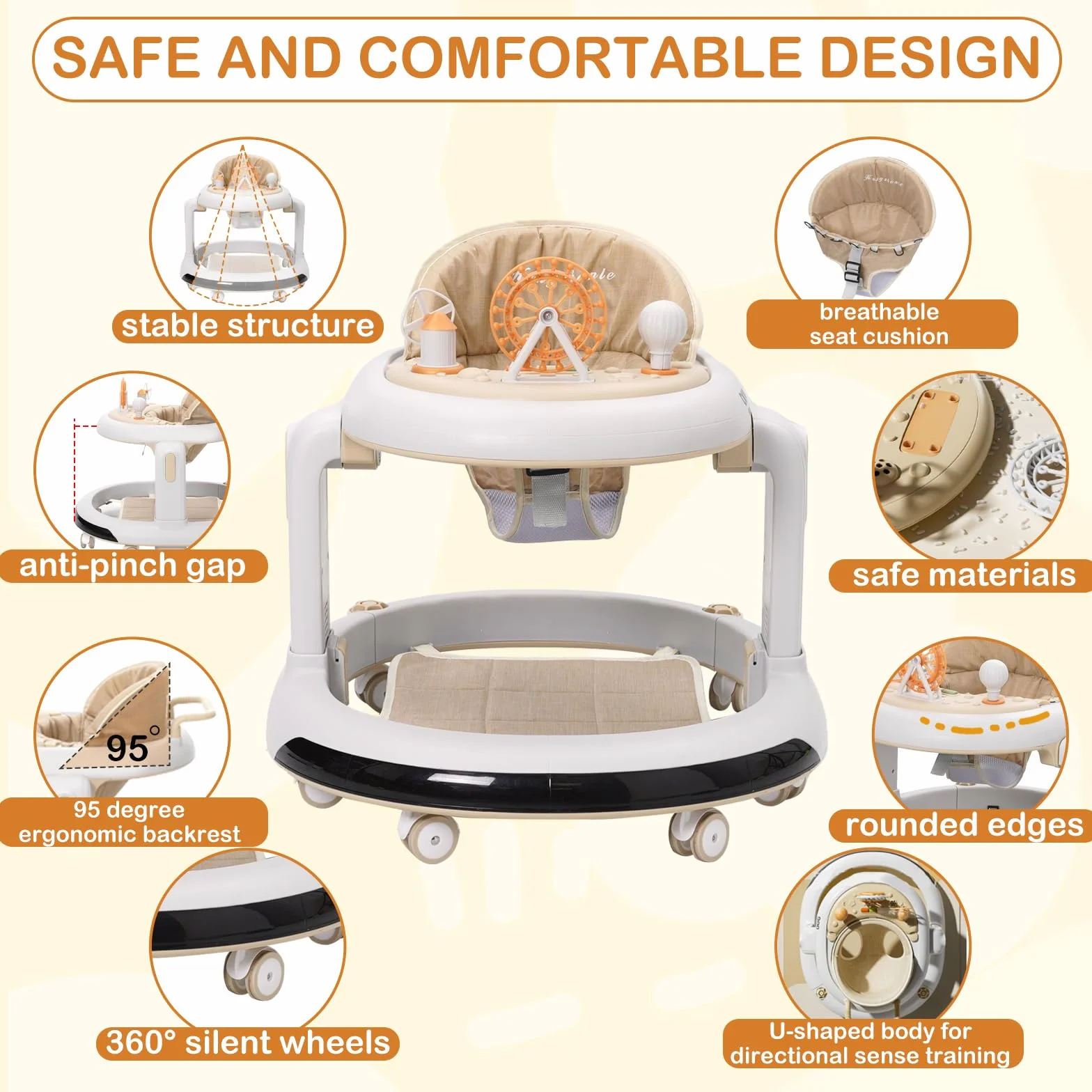 3 w 1 Chodzik dla dzieci, 6 regulowanych wysokości i 2 poziomów regulowanego siedzenia, BabyWalker z cichymi kołami 360°, tacą na kolację i wyjmowaną tacą na muzykę, dla dzieci w wieku 6-18 miesięcy