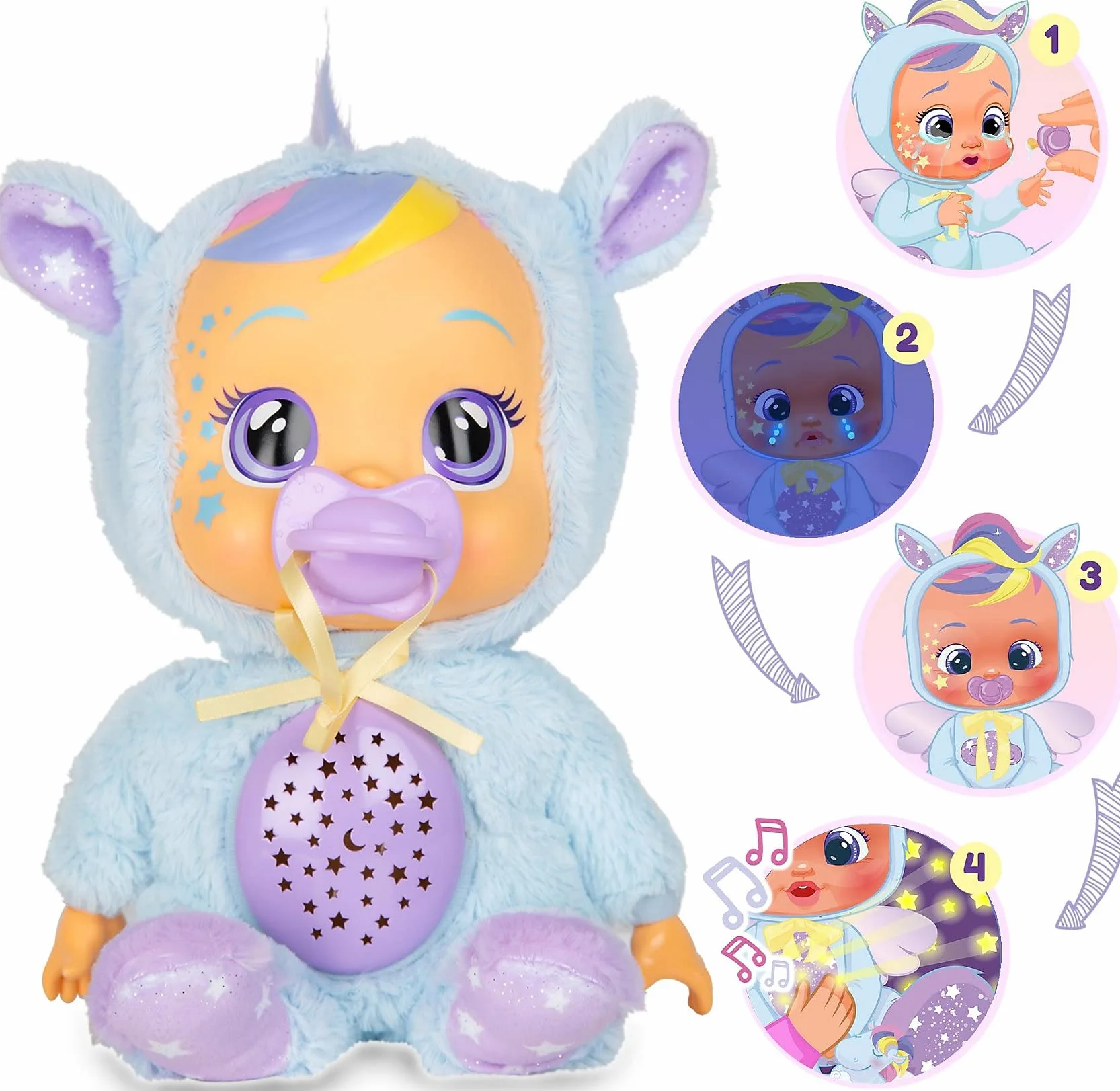 CRY BABIES Goodnight Gwiaździste niebo Jenna/Sleepy Time lalka niemowlęca ze światłami LED, łzy, kołysanki i projektor gwiazd, lampka nocna - lalka na dobranoc dla dzieci w wieku 18 m