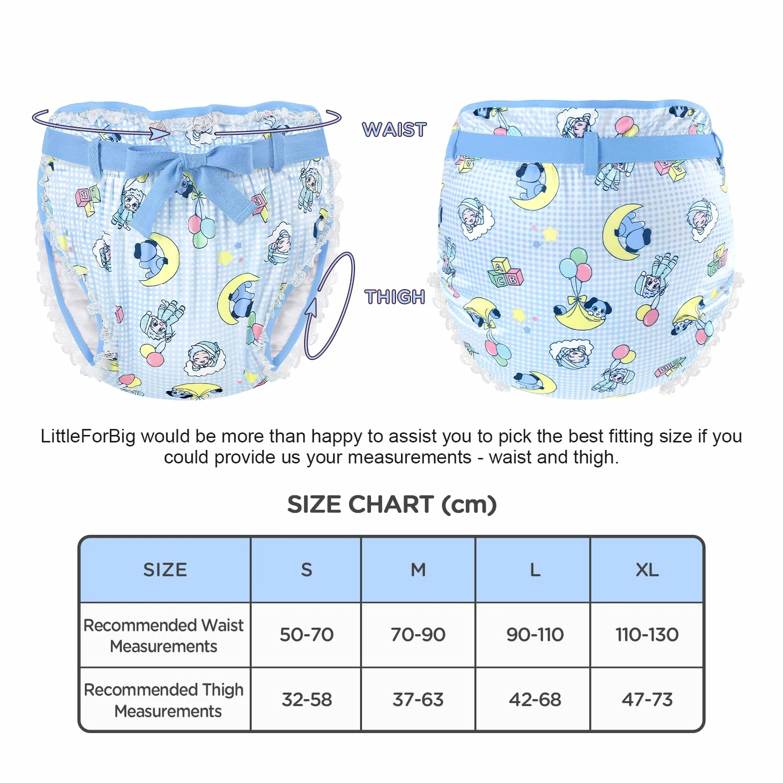 LittleForBig Jedwabisty pasek dla dorosłych Omutsu pieluchy, poszewka, nadaje się do prania, regulowany, wielokrotnego użytku, wodoszczelny, niebieski (Little Blue)