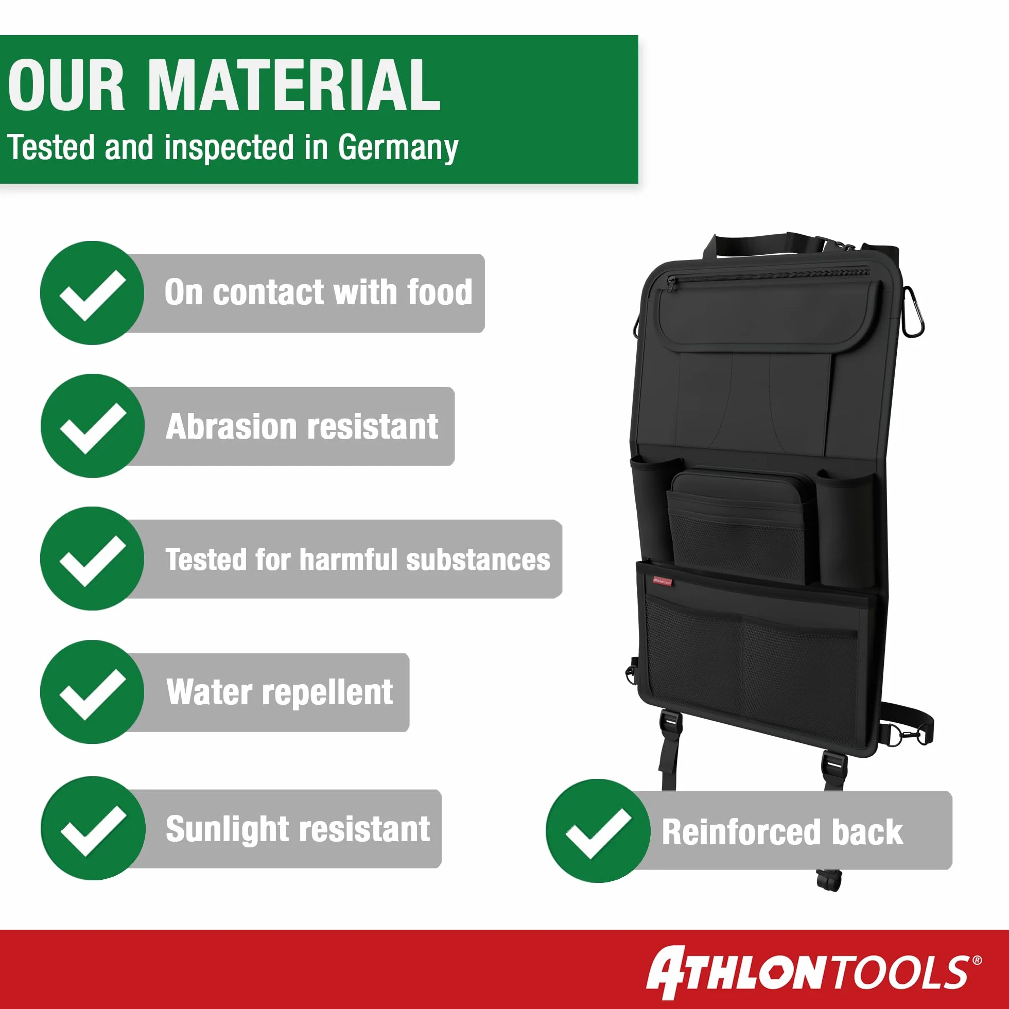ATHLON TOOLS Najstabilniejszy organizer na fotel samochodowy z uchwytem na tablet, wzmocniony tył, bezpieczny dla żywności, z dodatkowym piórnikiem, biznesowy / dla dzieci, zaprojektowany w Hamburgu