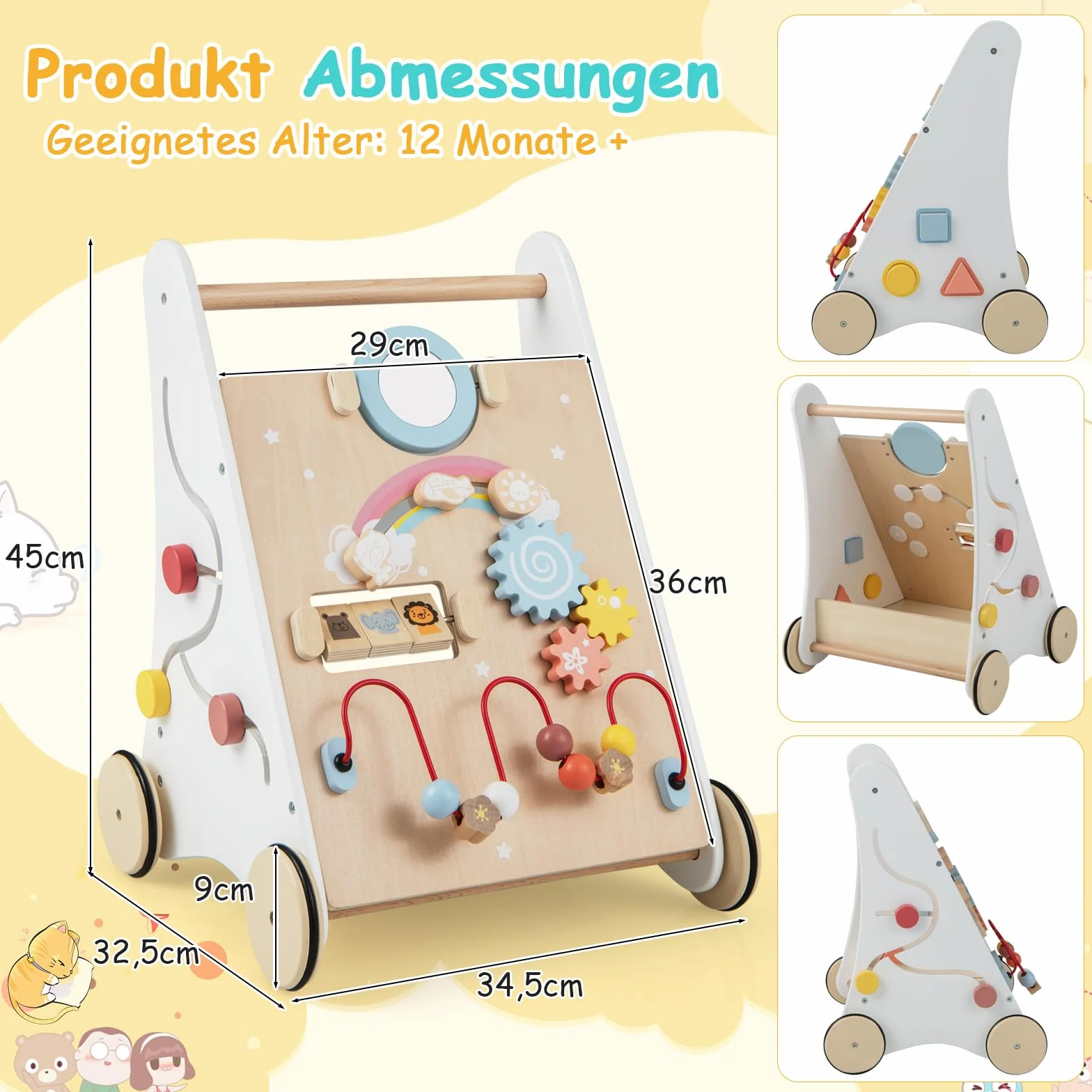 COSTWAY Drewniane chodziki 7 w 1, wózek do nauki chodzenia z planszą do gry, lustrem i klockami, wózek do pchania z pudełkiem do przechowywania, pomoc dla dzieci od 1 roku życia (biały + naturalny)