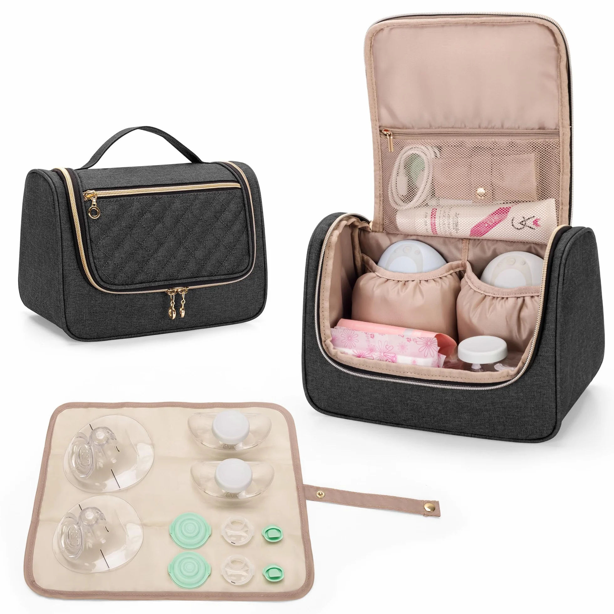 Luxja Torba do laktatora (z wodoodporną matą) do laktatora Momcozy, Willow i Elvie, torba do przenoszenia laktatora i dodatkowych części (zgłoszona do patentu), Czarny, Jeden rozmiar, Organizer do