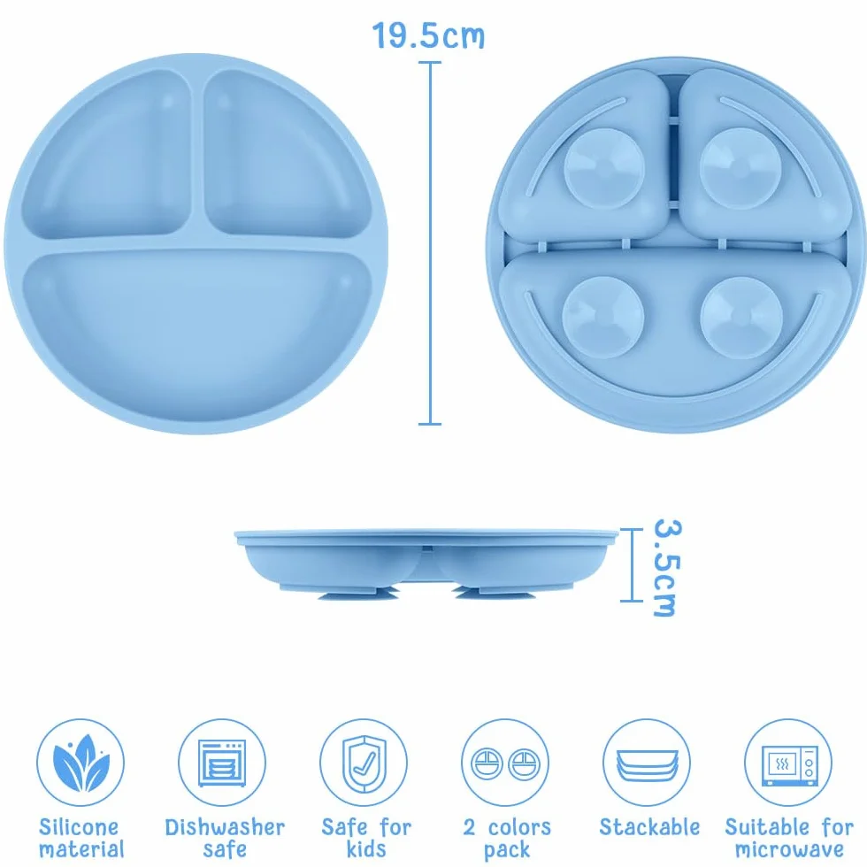 Vicloon Suction Plates, 2 Pcs Baby Toddler Plate, 100% Food Grade Silicone BPA Free Baby Plates, Divided Plate Design, Silicone Grip Dish Microwave & Dishwasher Safe