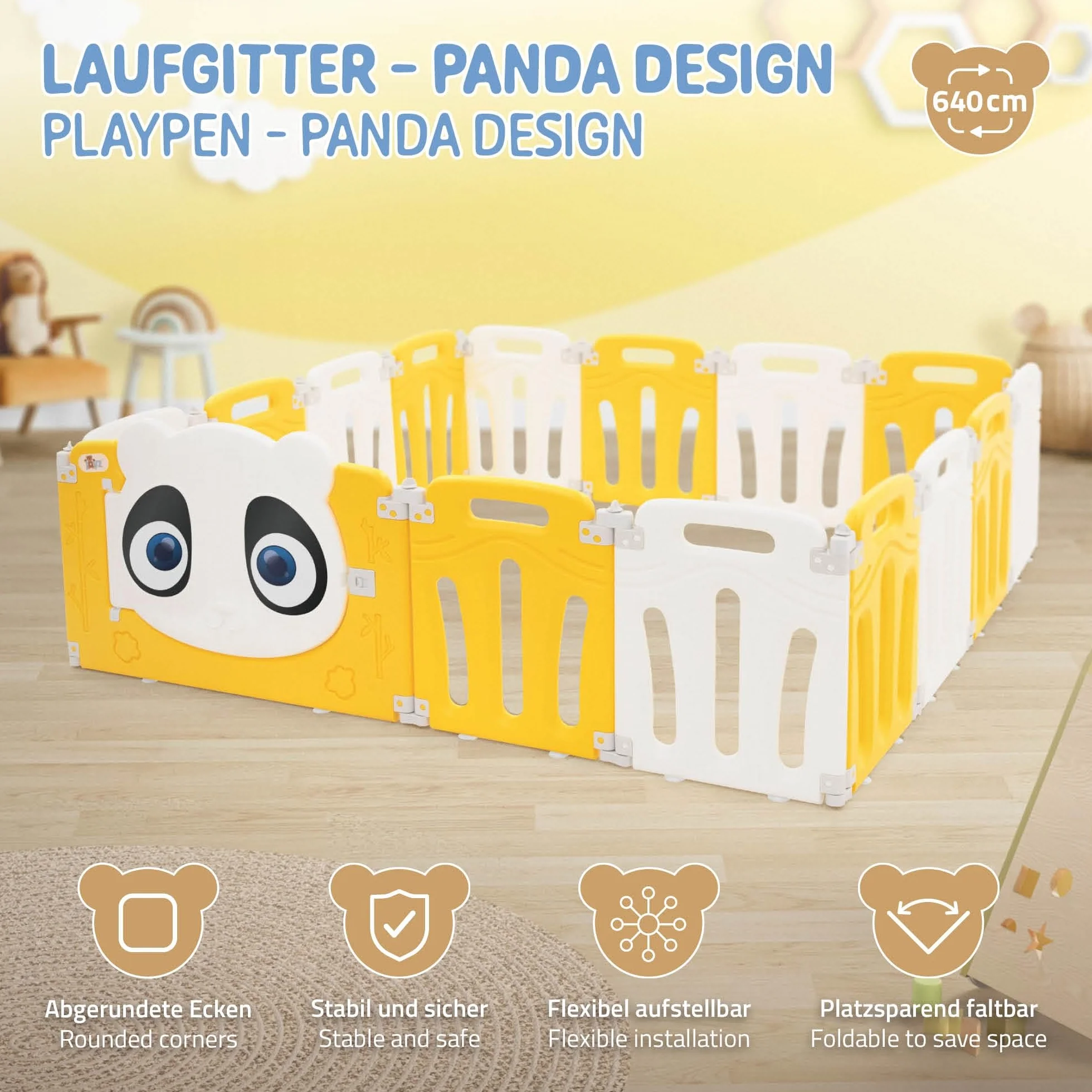 Joyz Kojec Dziecięcy 160×160 cm Składany Plac Zabaw Panda Biało-Żółty Plastikowa Barierka z Drzwiczkami i Zegarem Edukacyjnym