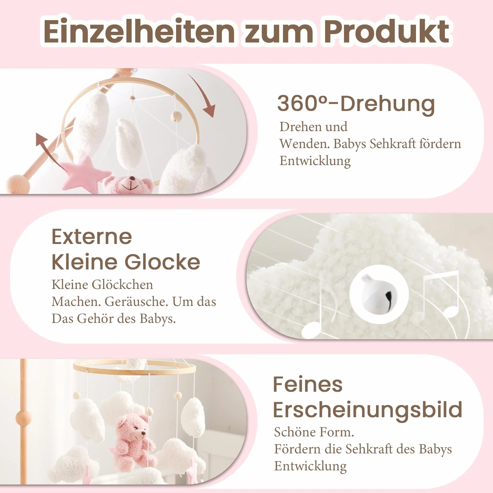 Herfair Mobile Baby Dzwonek do łóżeczka dziecięcego pluszowy miś drewniany różowy