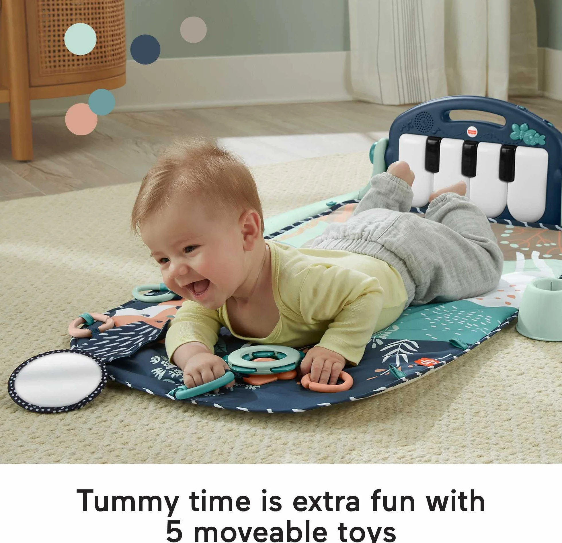 Fisher-Price Mata edukacyjna z pianinkiem, zabawa muzyczna na brzuszku i na siedząco, dla noworodków i niemowlaków, jelonek, jeż, lis HKX37