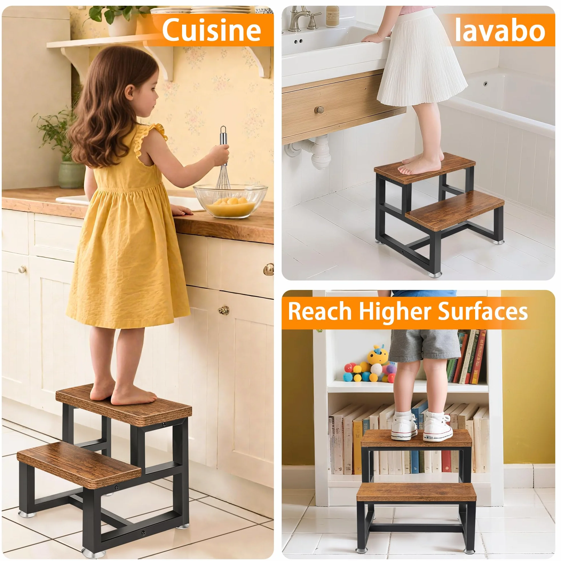 Taboret dziecięcy 2 stopnie, drabina drewniana, wielofunkcyjny taboret dla dorosłych i dzieci, 39 x 38 x 34,5 cm, do 100 kg, taboret dziecięcy do pokoju dziecięcego, mieszkania, biura, magazynu