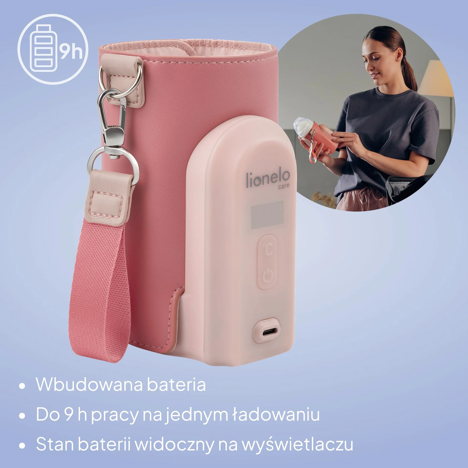 LIONELO Thermup Go Evo Przenośny Podgrzewacz do Butelek dla Niemowląt, 5 Temperatur, USB-C, LCD (Różowy)