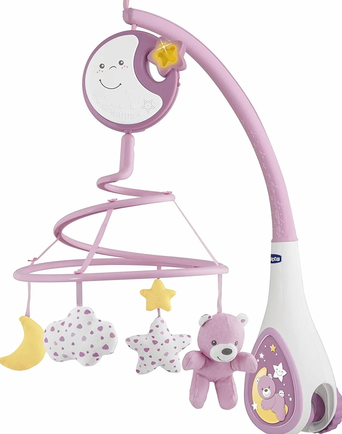 Chicco Karuzela dla Noworodka Next2Dreams z Elektroniczną Karuzelą do Łóżeczka i Gondoli, Kompatybilna z Łóżeczkiem Chicco Next2Me, z Efektami Dźwiękowymi, Łagodne Światła, Muzyka - 0+M, Różowa