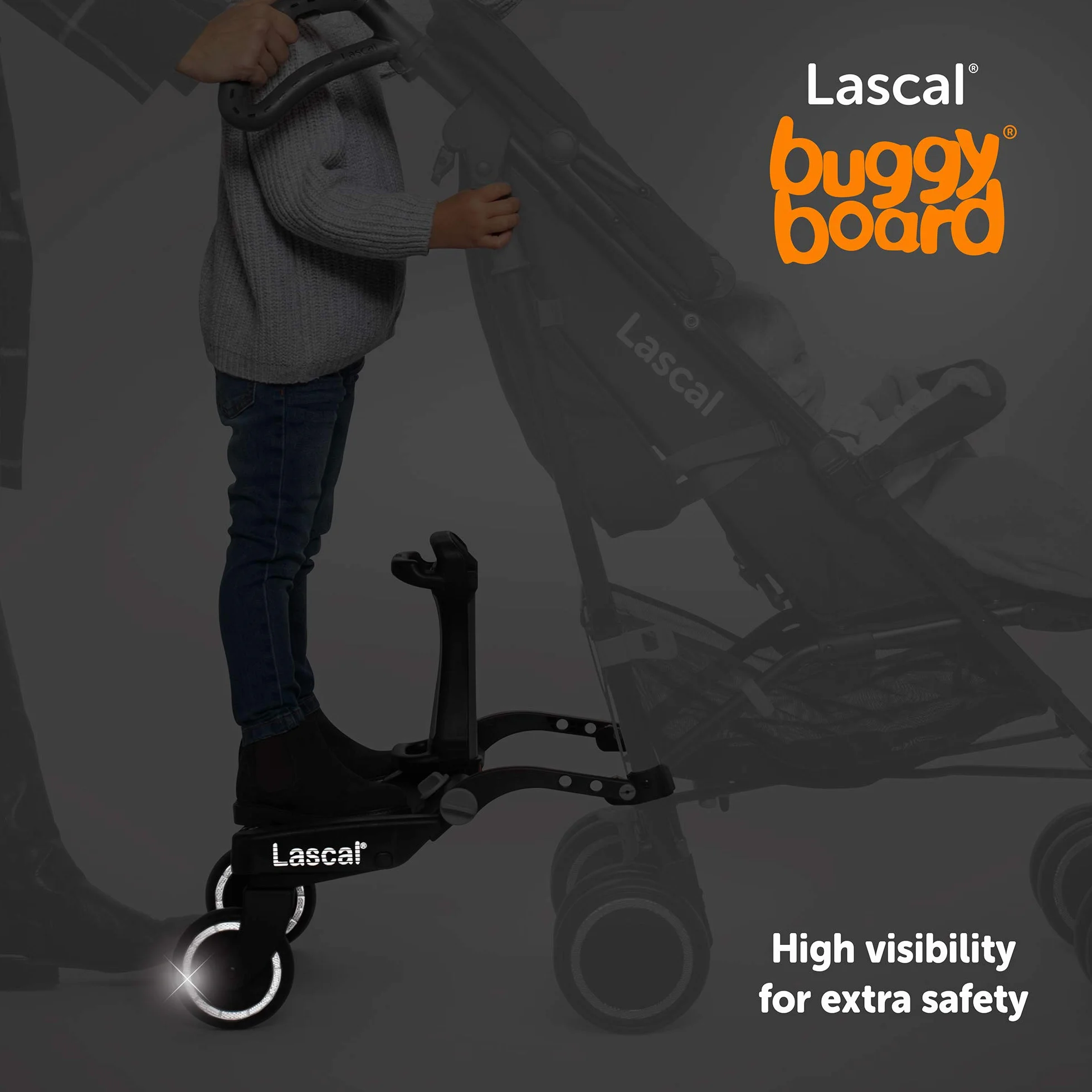 Lascal® BuggyBoard® Maxi+, Czarny Buggy Board z Szarym Siedziskiem Saddle Dostawka do Wózków Spacerowych i Wózków Dziecięcych dla Dzieci w wieku 2-6 Lat (22 kg),
