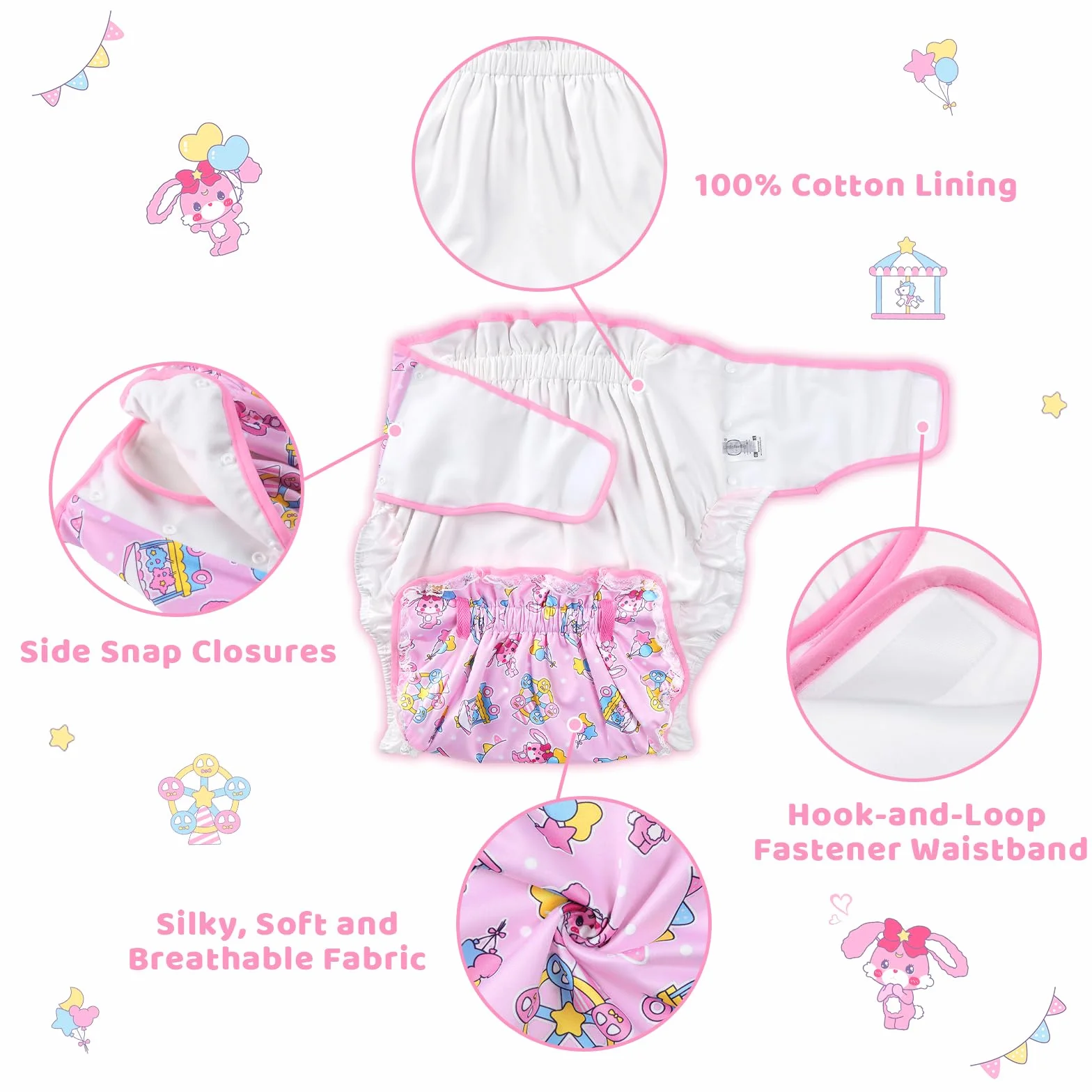 LittleForBig Jedwabisty pasek dla dorosłych Omutsu pieluchy, poszewka, możliwość prania, regulowany, wielokrotnego użytku, wodoszczelny, pastelowy wzór cyrkowy, Rosa, M