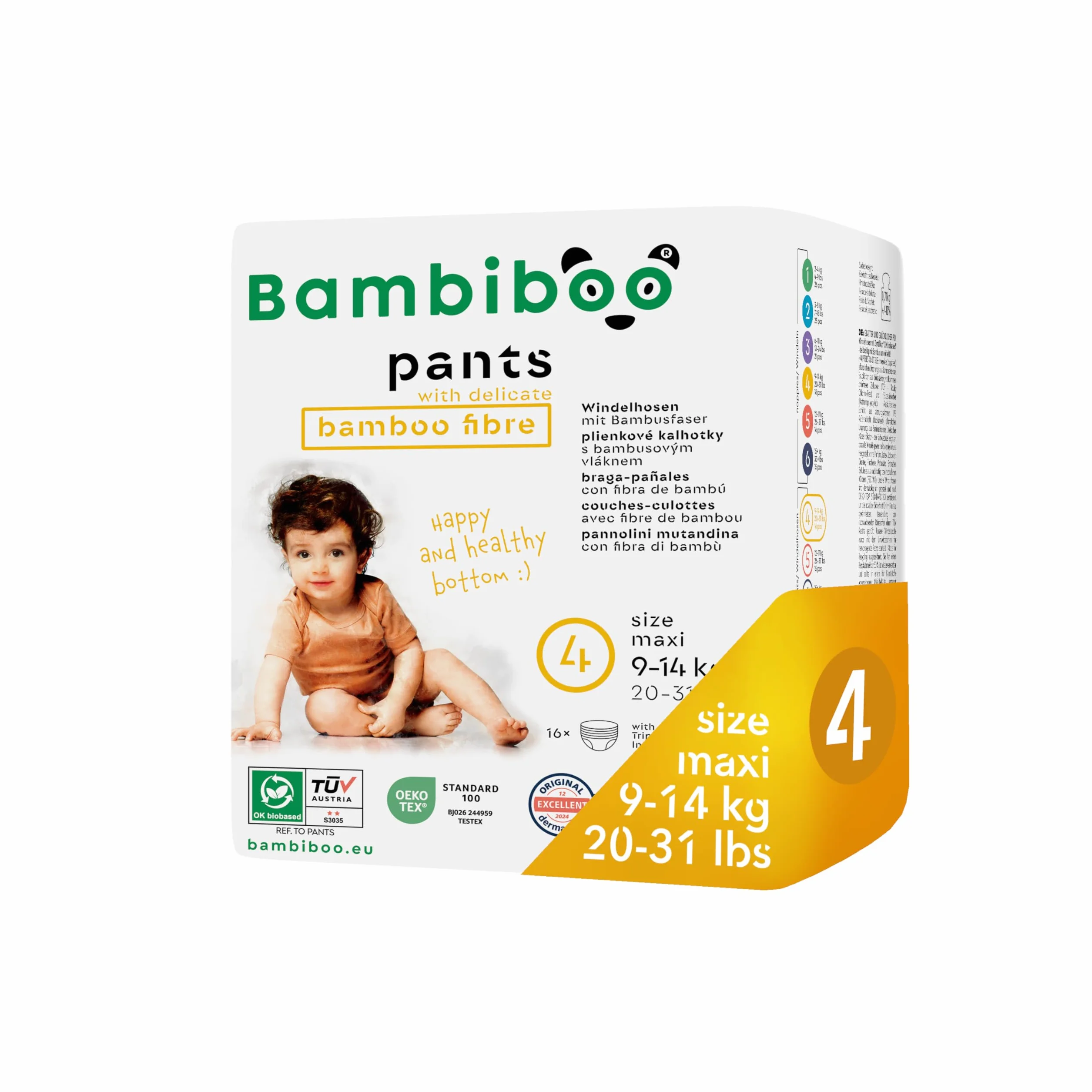 Bambiboo Jednorazowe pieluchy bambusowe - Pieluchy dla dzieci Przyjaciele skóry - Ochrona skóry - Wysoka chłonność - Rozmiar 4 (maks.), 16 sztuk