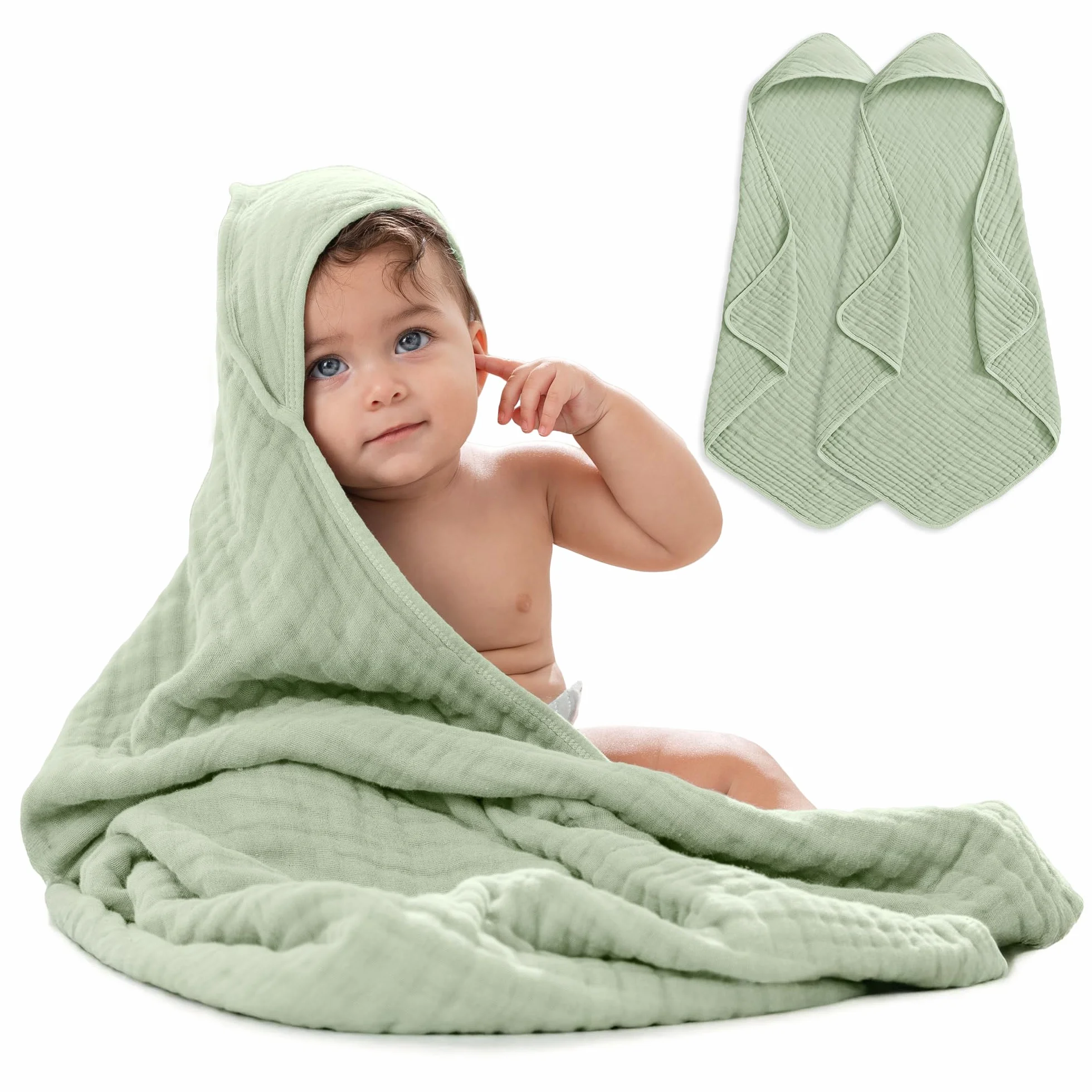 Baby Hooded Muslin Cotton Towel 32" x 32" 2 Pack for Kids, Ultra Soft Warm Absorbent