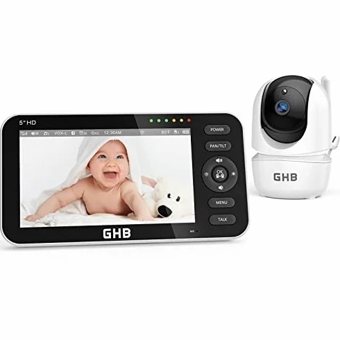 GHB Kamera wideo Babyphone 5", 720P, HD, 4000 mAh, 350°, uchwyt na 4 kamery, czujnik temperatury VOX, noktowizor