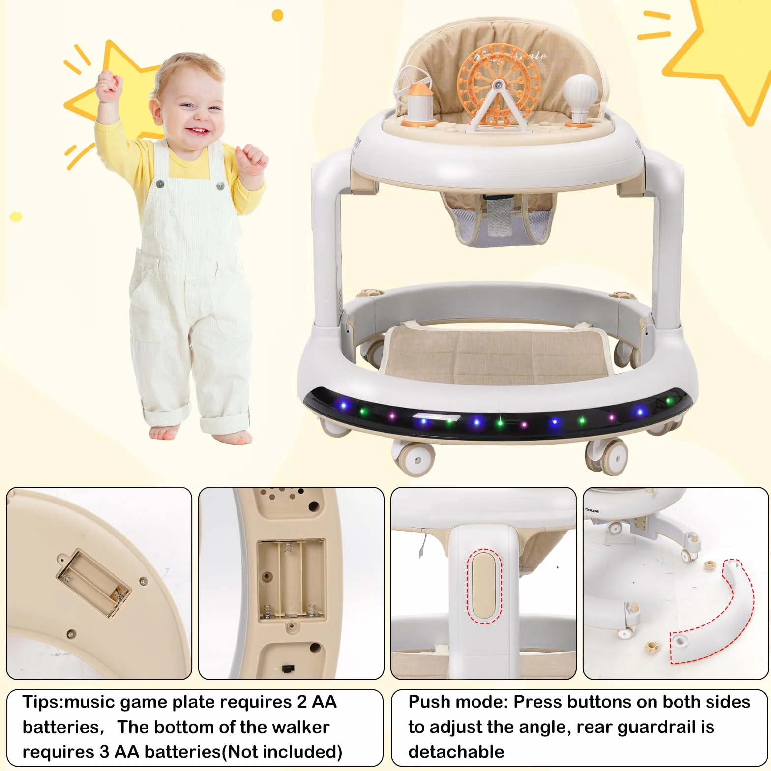 3 w 1 Chodzik dla dzieci, 6 regulowanych wysokości i 2 poziomów regulowanego siedzenia, BabyWalker z cichymi kołami 360°, tacą na kolację i wyjmowaną tacą na muzykę, dla dzieci w wieku 6-18 miesięcy