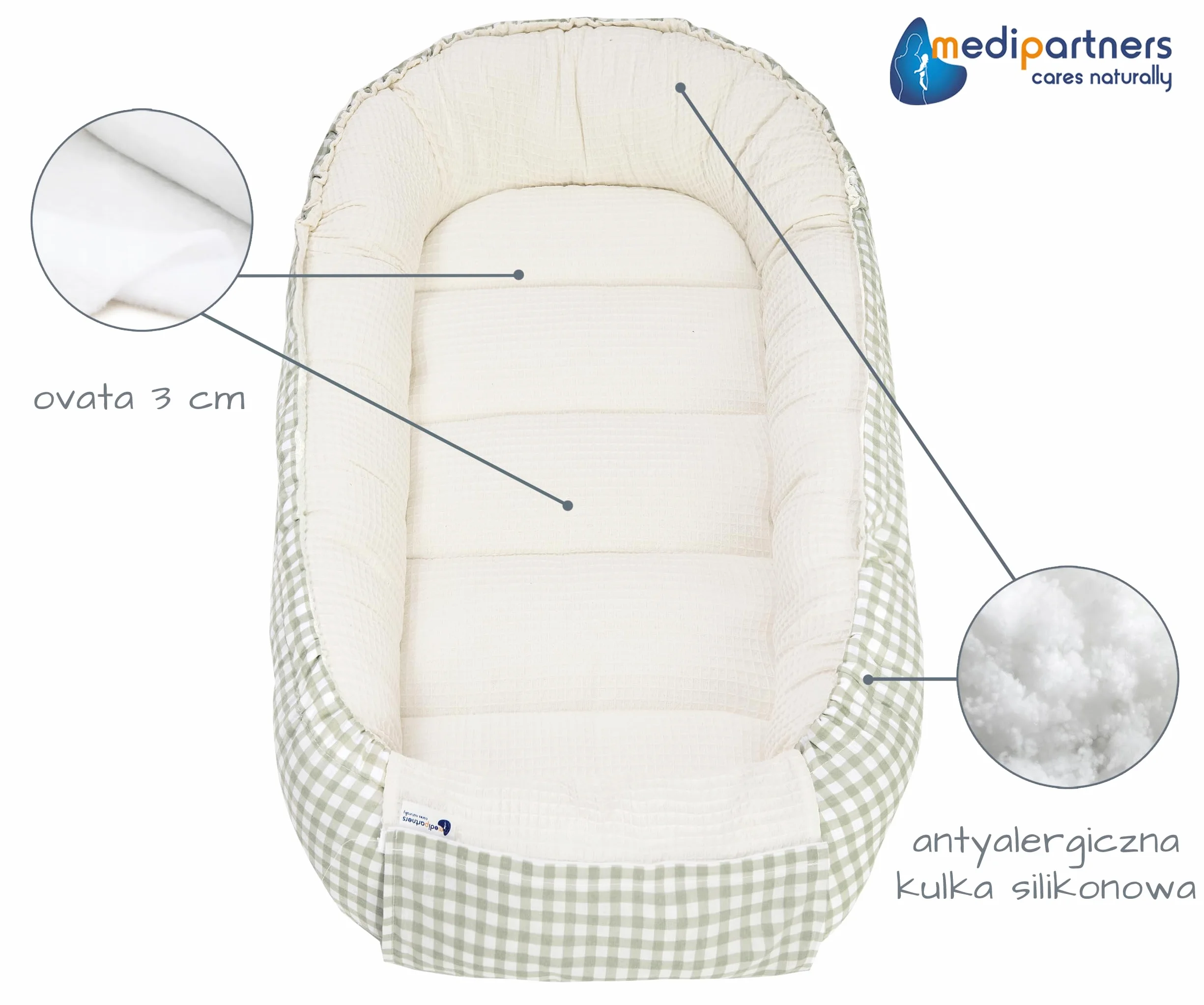 Kokon dla niemowląt 100% Bawełna Wafel 100x60x15cm Antyalergiczne wypełnienie Medi Partners