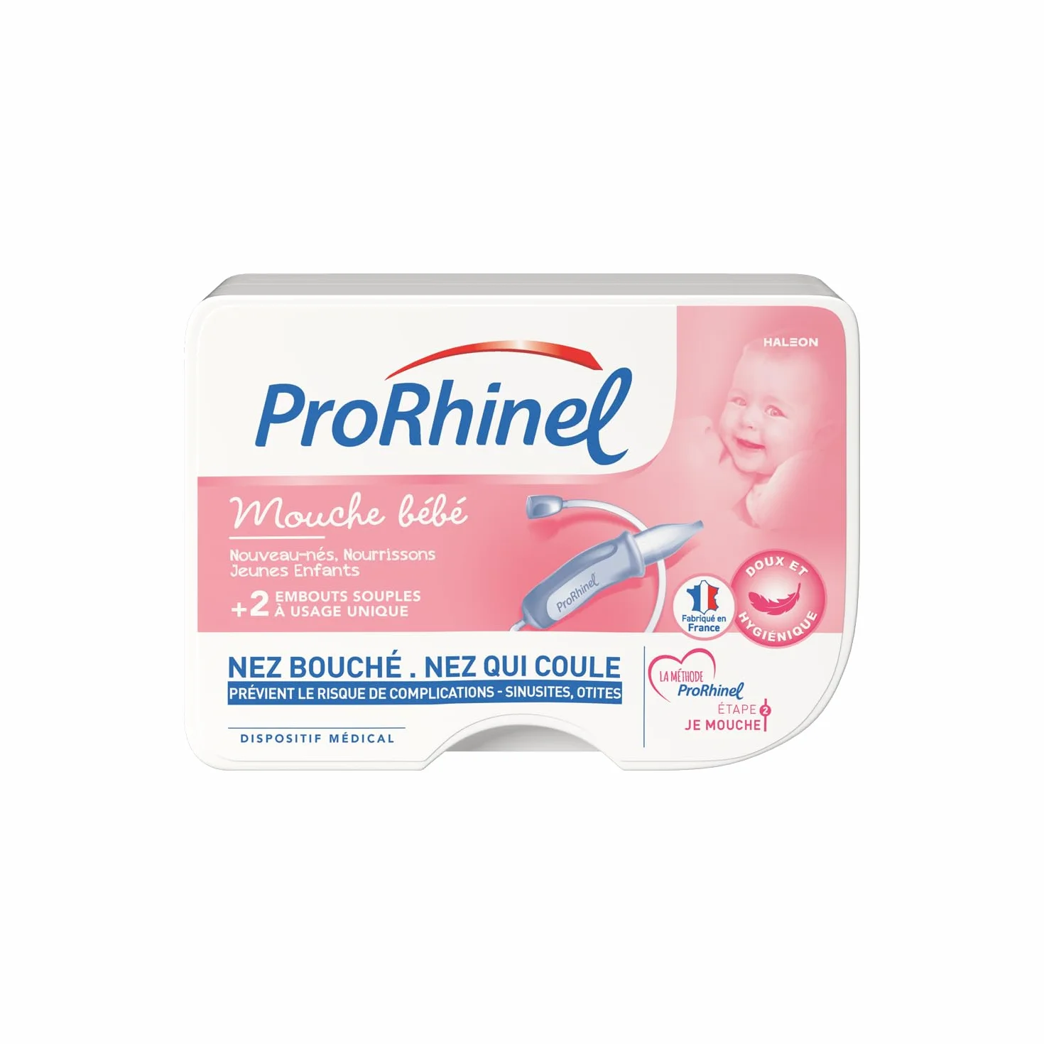 Prorhinel Ergonomiczna mucha dla niemowląt, bezpieczna i higieniczna, zmniejsza ryzyko zapalenia zatok i infekcji ucha, wyprodukowana we Francji