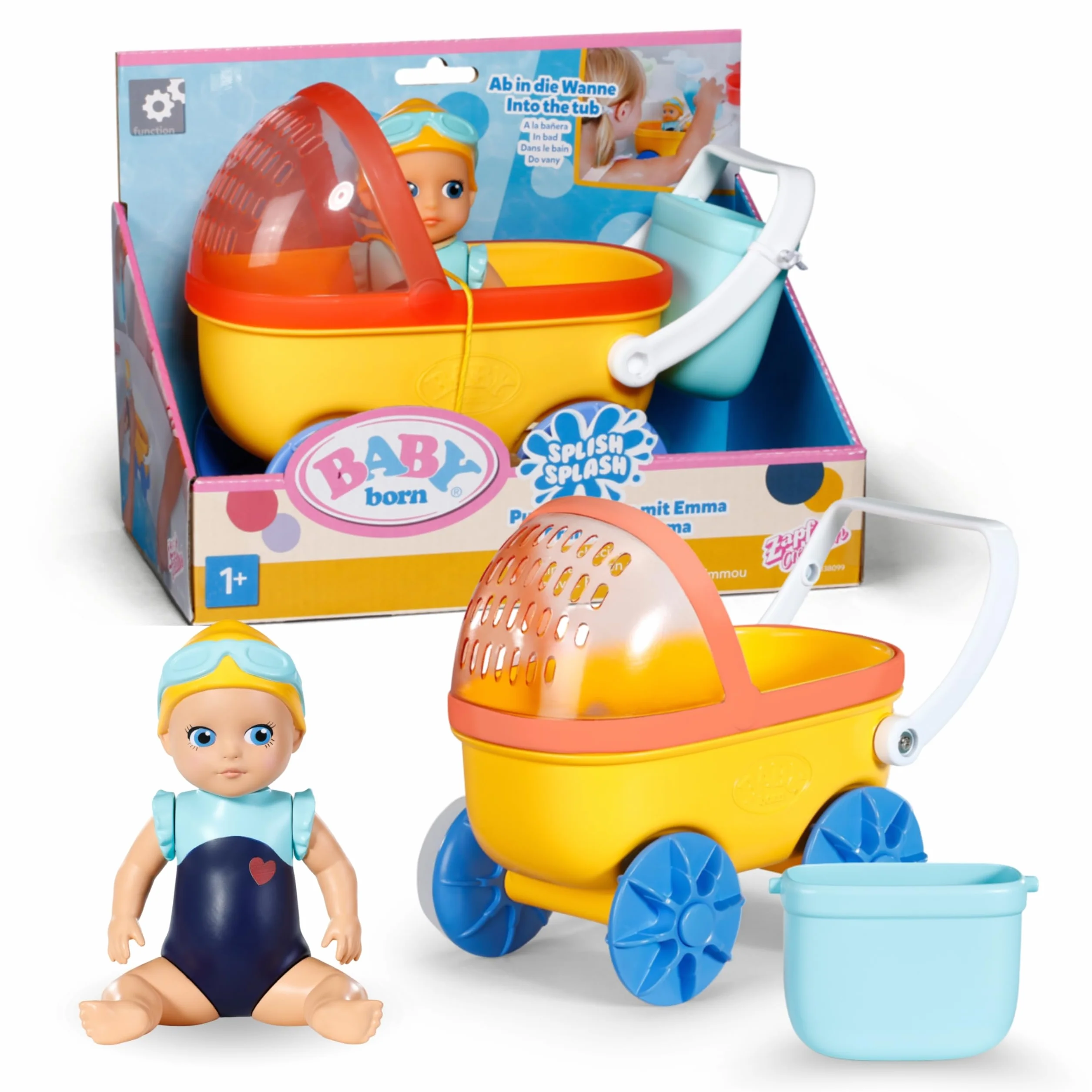 BABY born Splish Splash wózek z Emmą, interaktywna zabawka do kąpieli dla maluchów z nakręcanym pływaniem Emmą i wózkiem z osłoną przeciwsłoneczną i prawdziwymi kółkami roboczymi, zabawka do kąpieli
