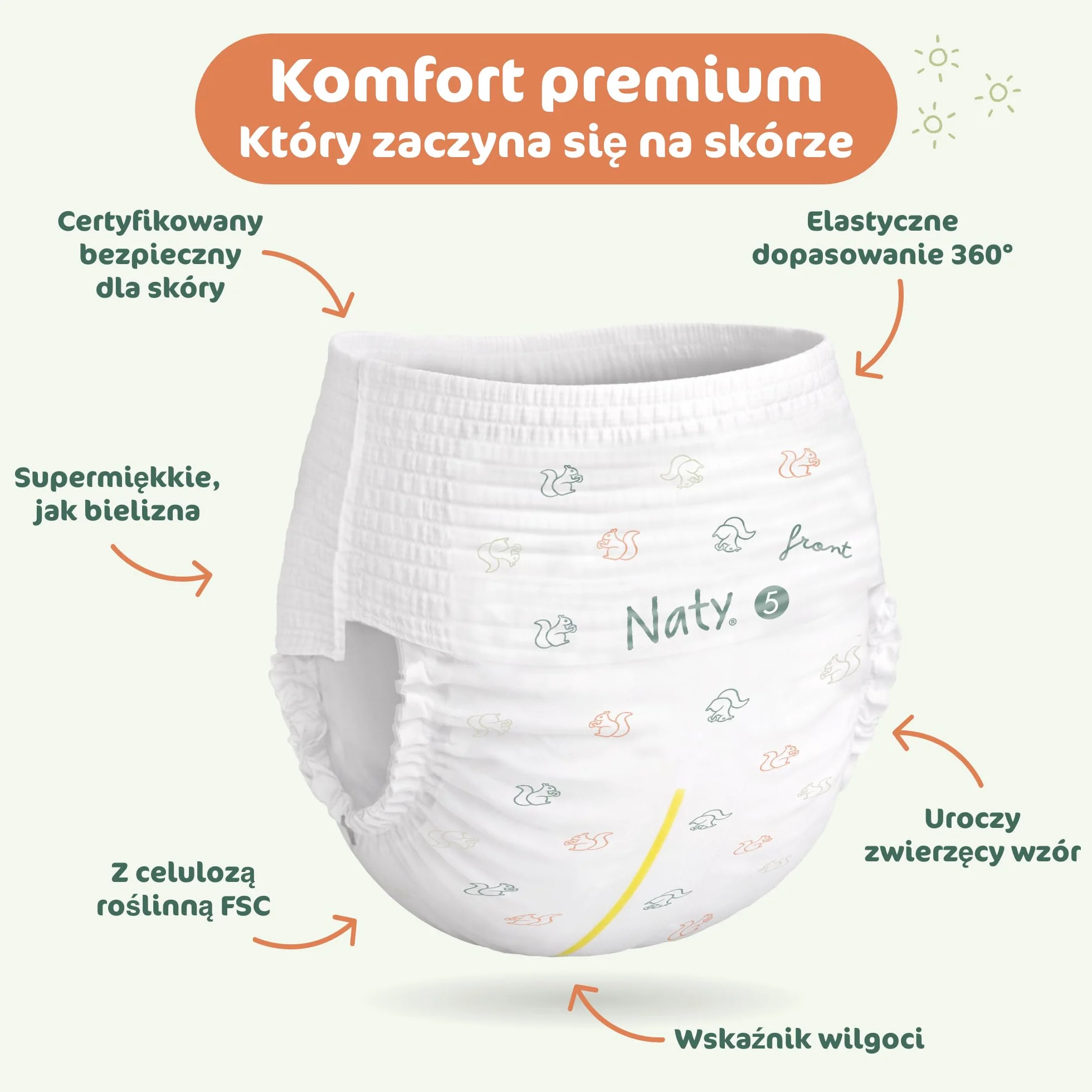 Naty FreeMovers Pieluchomajtki | Dla Wrażliwej Skóry | Miękkie, Bezzapachowe, do Nocnikowania | Chłonne i Przeciekoodporne | Niemowlęta i Dzieci | Rozmiar 5 (12–18 kg), 80 szt.