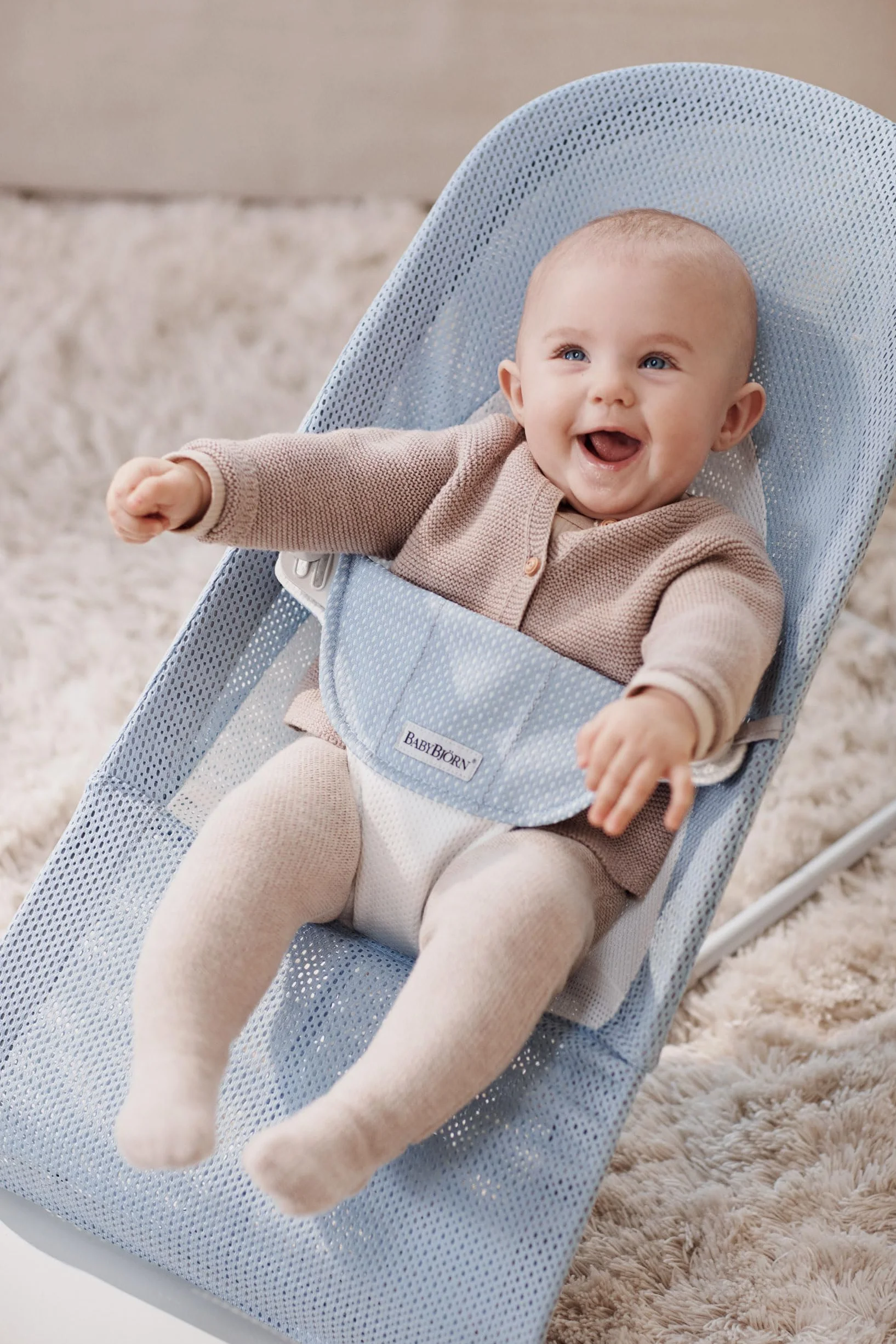 BabyBjörn 005143 Bouncer Balance miękki, jasnoszary ramka, siatka, błękitny/biały