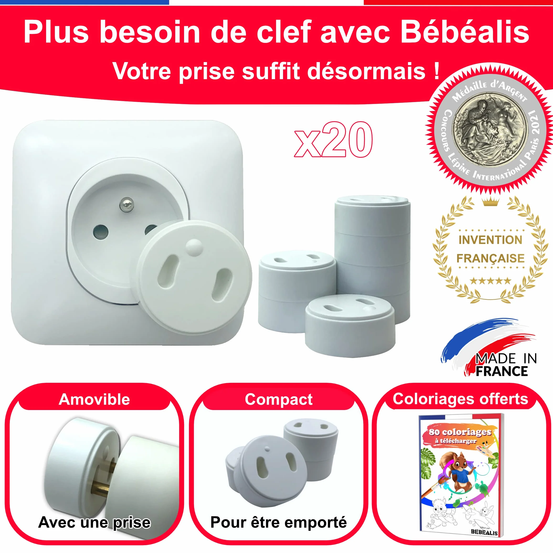 [Pakiet x20] Zdejmowana pokrywa francuska dla niemowląt [ Bez klucza Ni Klej ] - Wynalazek 100% Made in France - Wtyczka dla niemowląt - Bezpieczeństwo w domu Ochrona gniazdka elektrycznego - opiekuna