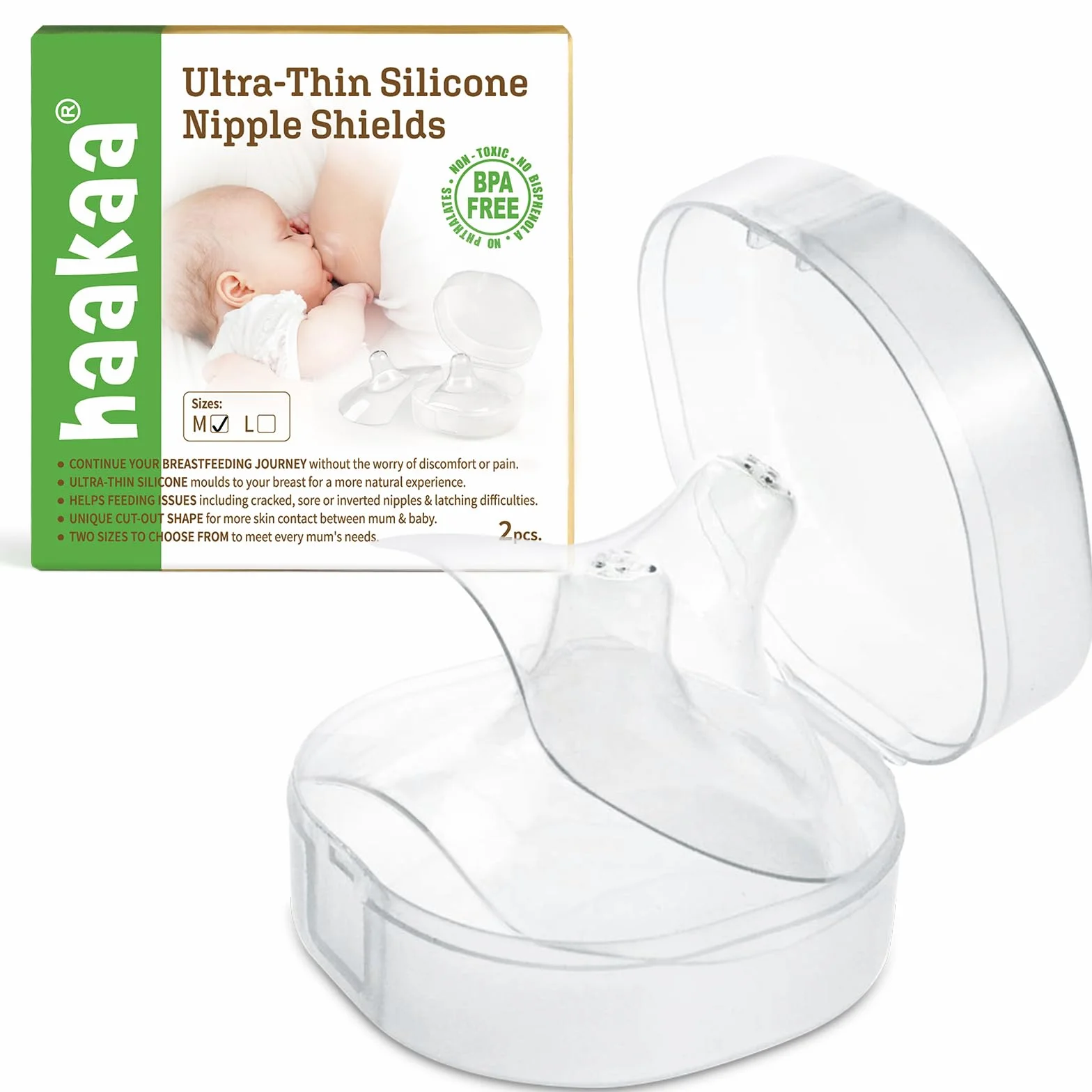 Haakaa Nippleshield silikonowa ochrona sutków do karmienia piersią, z torbą do noszenia, bardzo cienka, super miękka, 18 mm, 2 sztuki