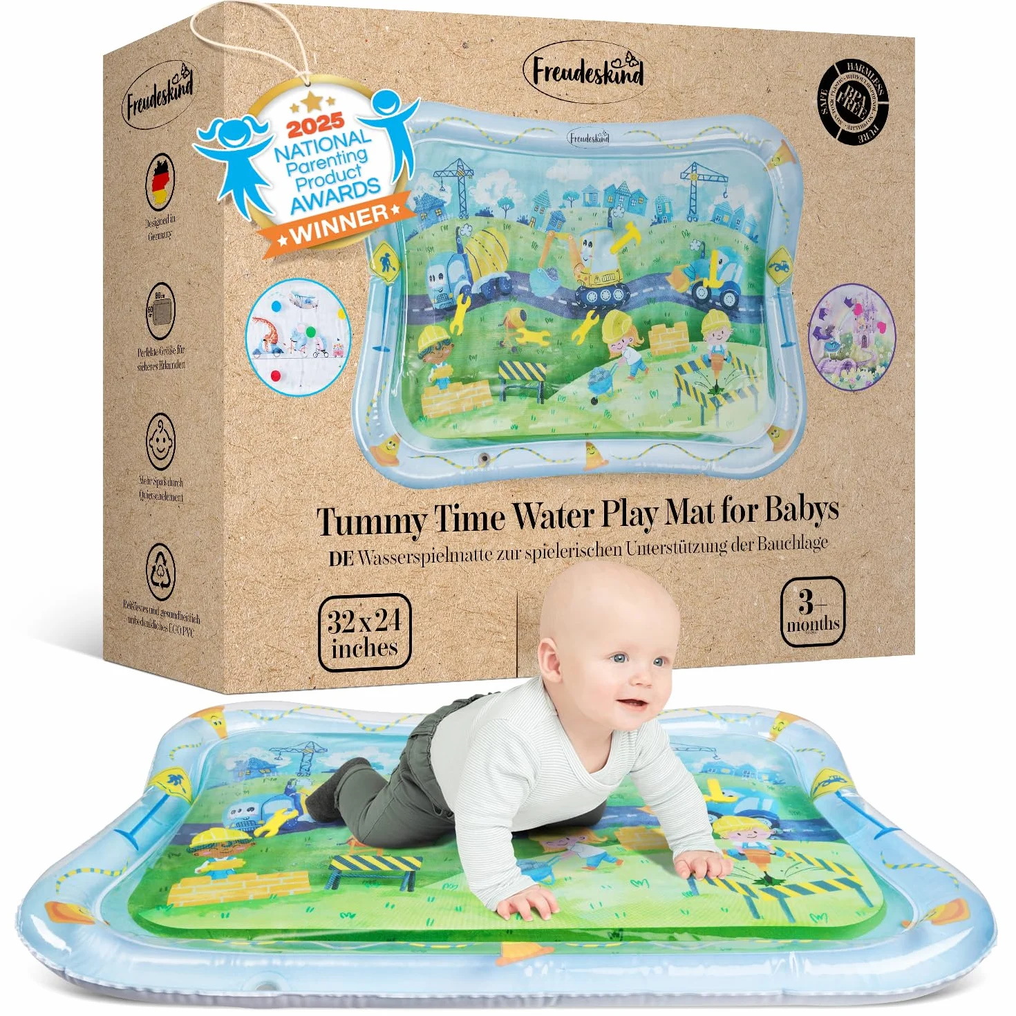 Freudeskind TummyTime mata wodna XXL sensoryczna mata do zabawy Montessori dla niemowląt 0-24 miesięcy