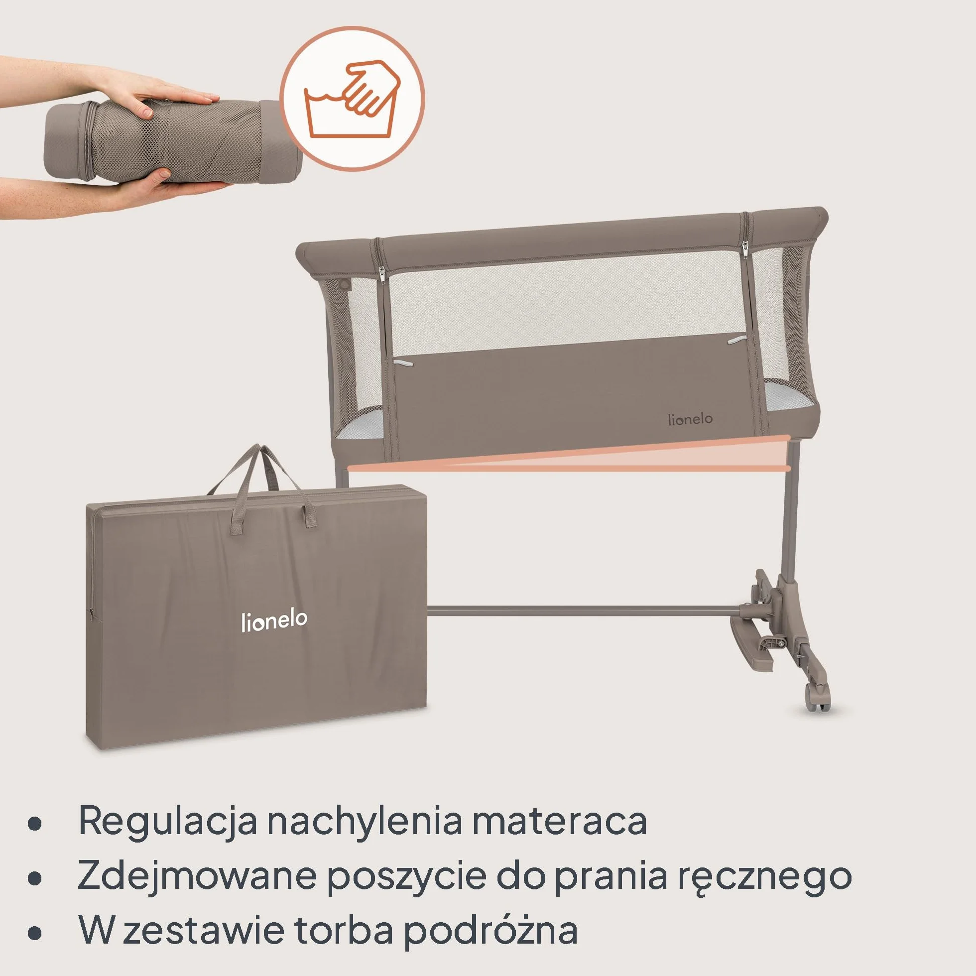 Lionelo PARI łóżeczko nocne 3 w 1 regulowane 6 poziomów kołysanie pochylany materac siatka zamykane kółka torba podróżna