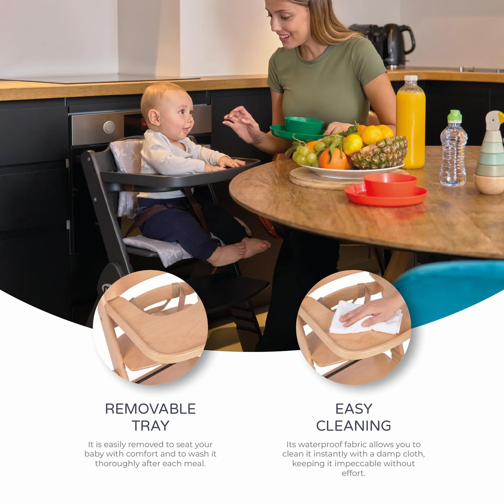 Ms BabyWorld Składane krzesło dziecięce w całości z drewna, w pełni składane, ewolucyjne, wysokie krzesło, ergonomiczne, regulowane, bezpieczne, naturalne/szare