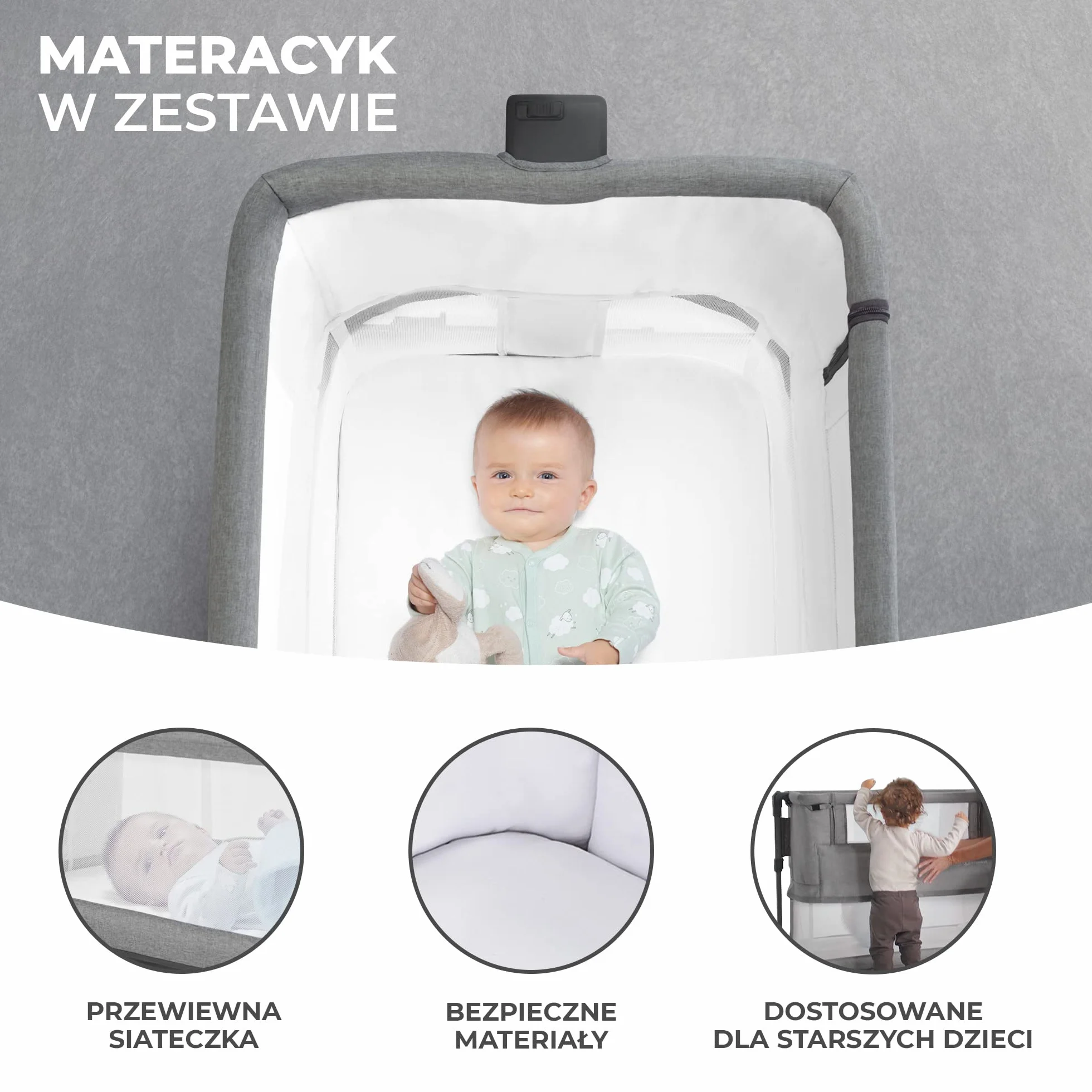 Kinderkraft NESTE GROW Łóżeczko dziecięce 3 w 1, dostawne, regulowana wysokość, jasnoszary