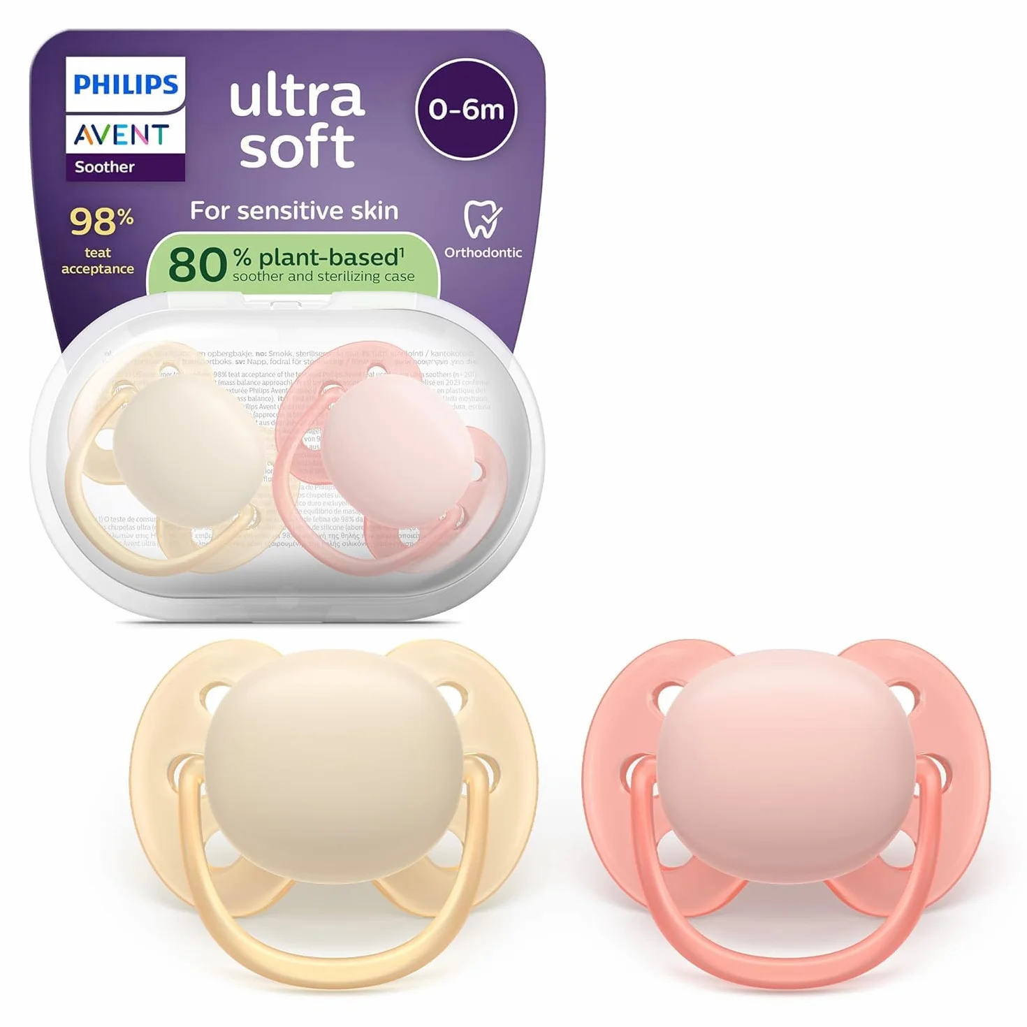 Philips Avent SCF091/38 zestaw 2 smoczków Ultra Soft Ortodontyczne wzornictwo, elastyczne tarcze dla niemowląt w wieku 0–6 miesięcy, symetryczny smoczek silikonowy, bez BPA, pudełko do sterylizacji