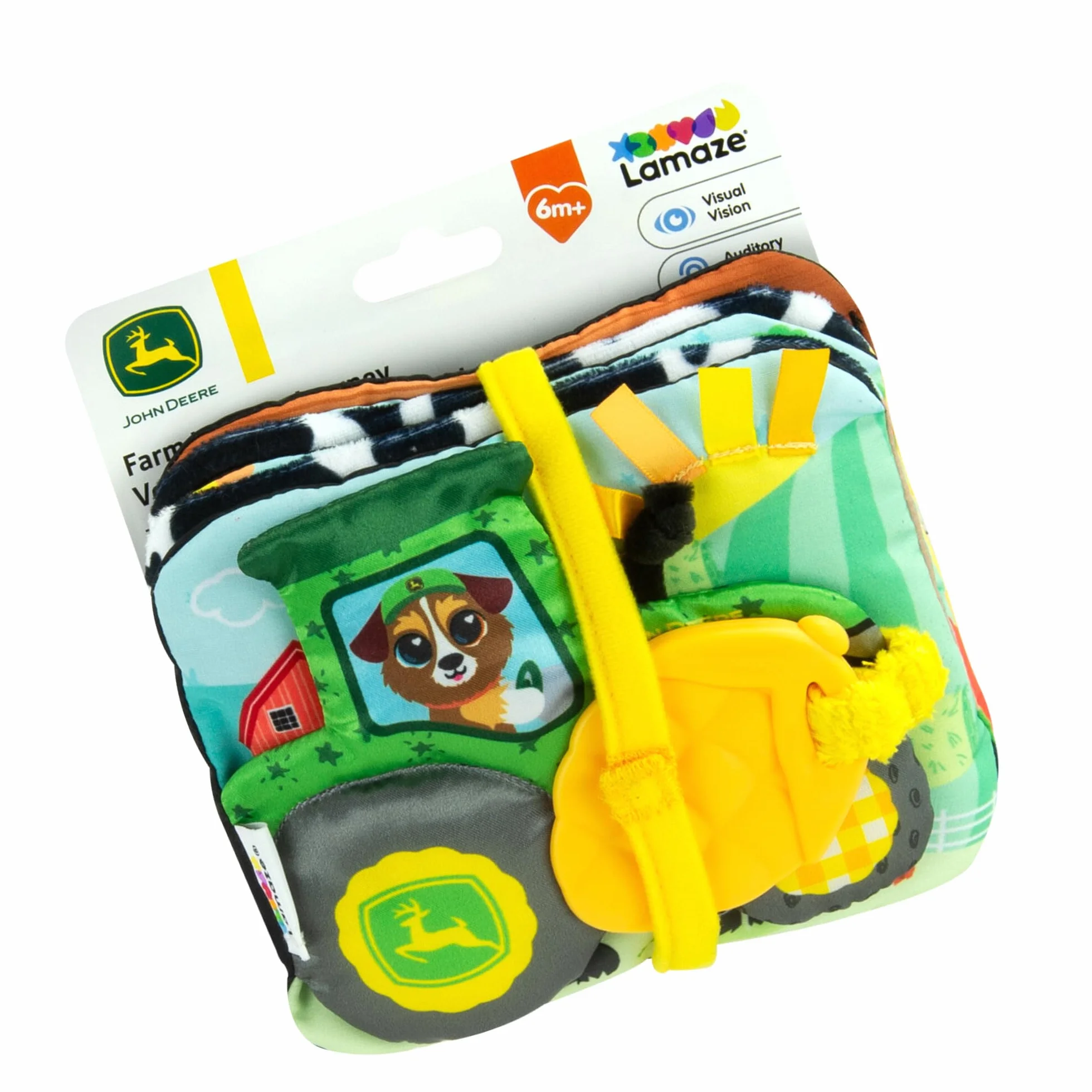 Lamaze John Deere Farm to Table Journey, miękka rozkładana książka dla niemowląt z kolorowymi i czarno-białymi panelami, marszczone dźwięki, piszczałka, wstążki, gryzak, zabawki sensoryczne dla