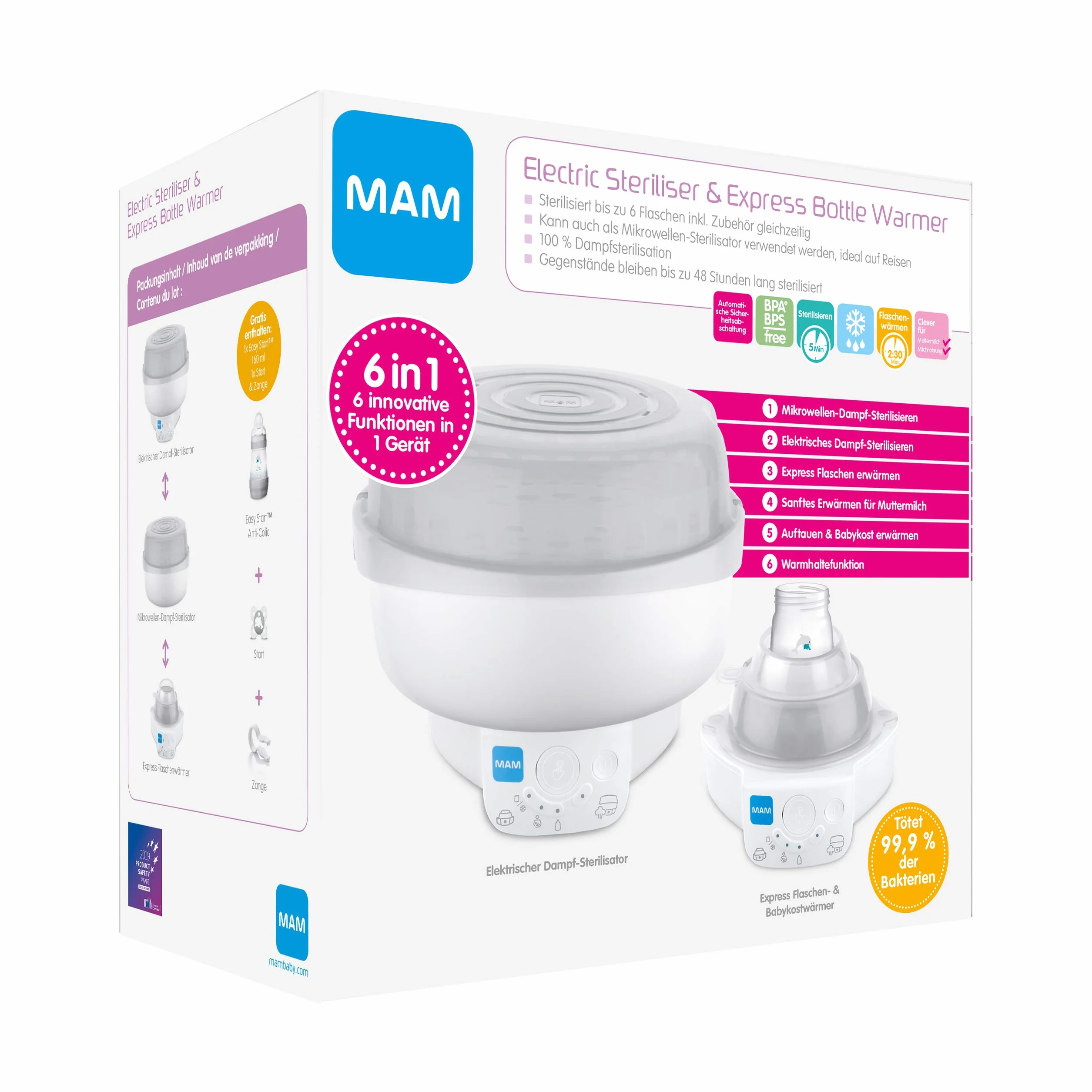 MAM Sterylizator 6 w 1 i Express podgrzewacz do napojów dla niemowląt, podgrzewacz do butelek, w zestawie 1 x butelka MAM Easy Start Anti-Colic (160 ml), 1 x smoczek MAM Start i 1 szczypce