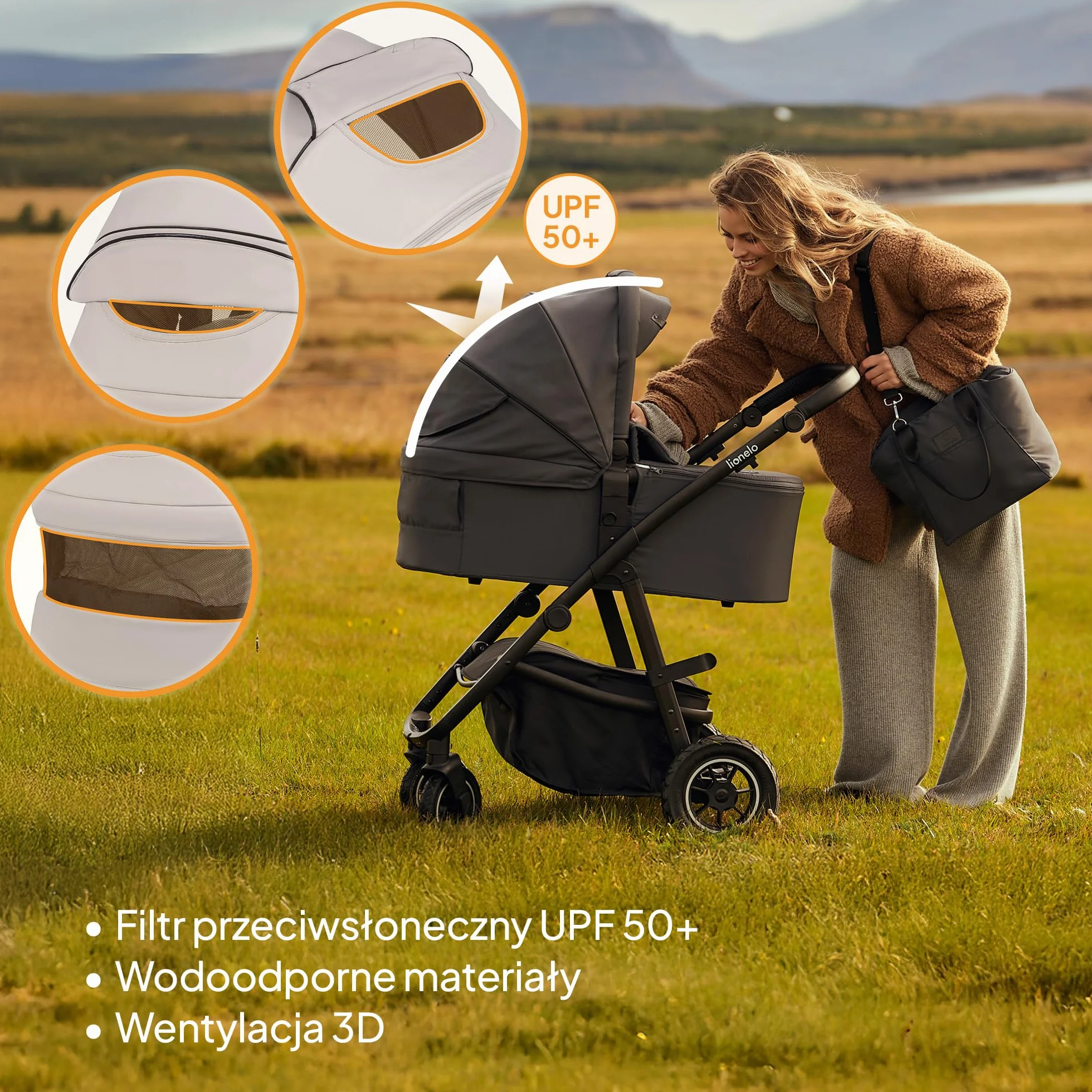 LIONELO AMBER PLUS 3w1 Wielofunkcyjny Wózek Dziecięcy od 0 do 4 lat do 22kg z Gondolą XL, Fotelik Samochodowy do 13kg, Regulacja Oparcia, Duże Terenowe Koła 360° Budka XXL