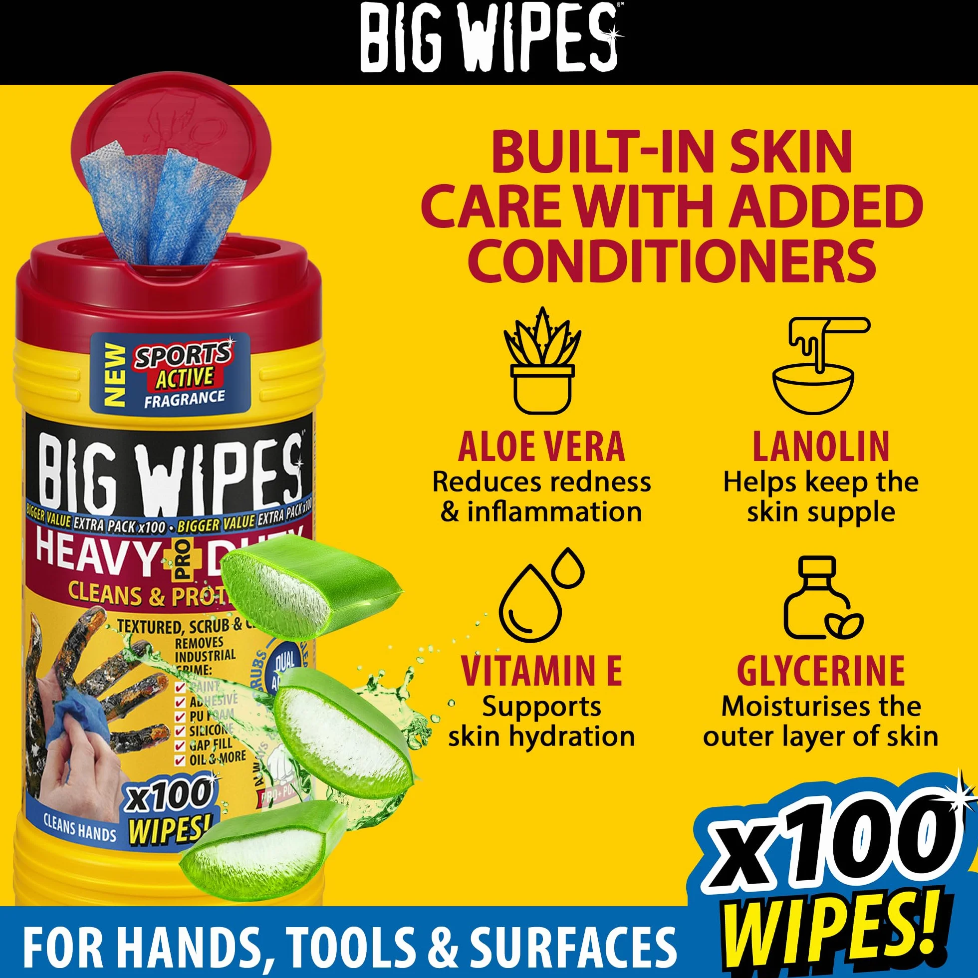 Big Wipes Heavy-Duty ProPlus dwustronne chusteczki do czyszczenia, odporne na działanie przemysłowe, antybakteryjne i trwałe, niebieskie, 80 sztuk