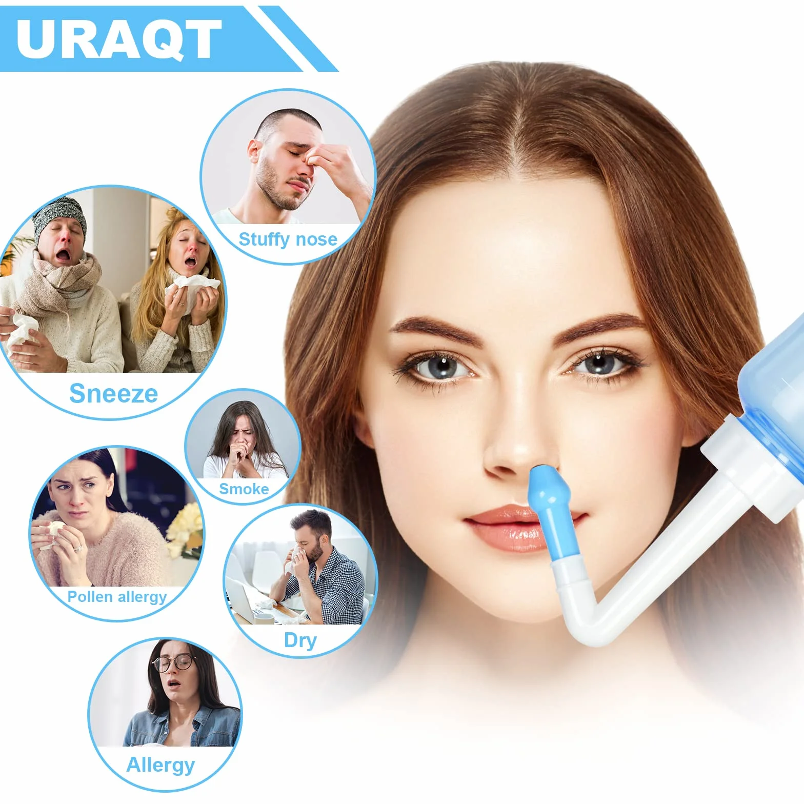 URAQT Neti Pot, zestaw do płukania nosa Płyn do płukania nosa, butelka do płukania zatok 300 ml z 40 saszetkami soli do płukania nosa, płukanka ciśnieniowa do irygacji nosa dla dorosłych i dzieci Bez BPA