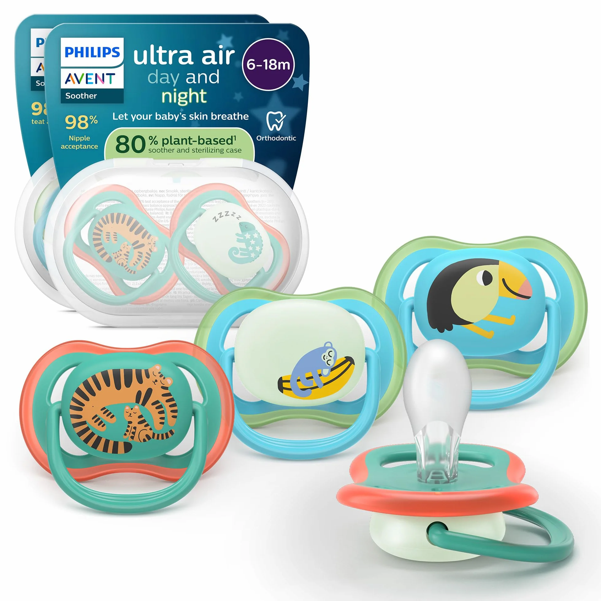 Philips Avent Ultra Air Day & Night Smoczki — ortodontyczny smoczek dla dzieci w wieku 6-18 miesięcy, wersja świecąca w ciemności, symetryczna miękka silikonowa końcówka, bez BPA, 4 sztuki, SCF087/27