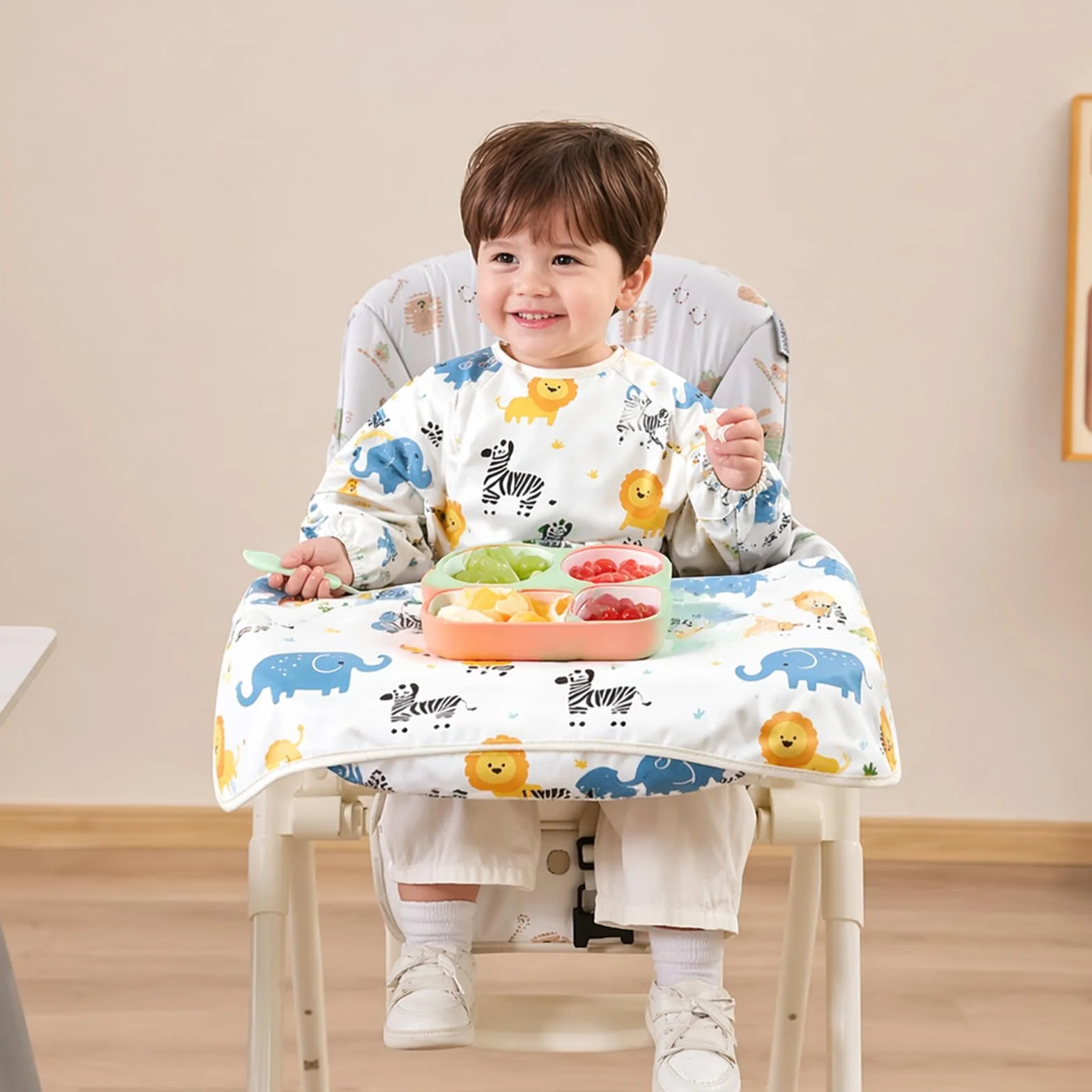 Śliniak dziecięcy z długim rękawem, wodoodporny śliniaczek dla niemowląt można przymocować do stołka barowego, oddychający fartuch wielokrotnego użytku, dla dzieci w wieku 2-6 lat